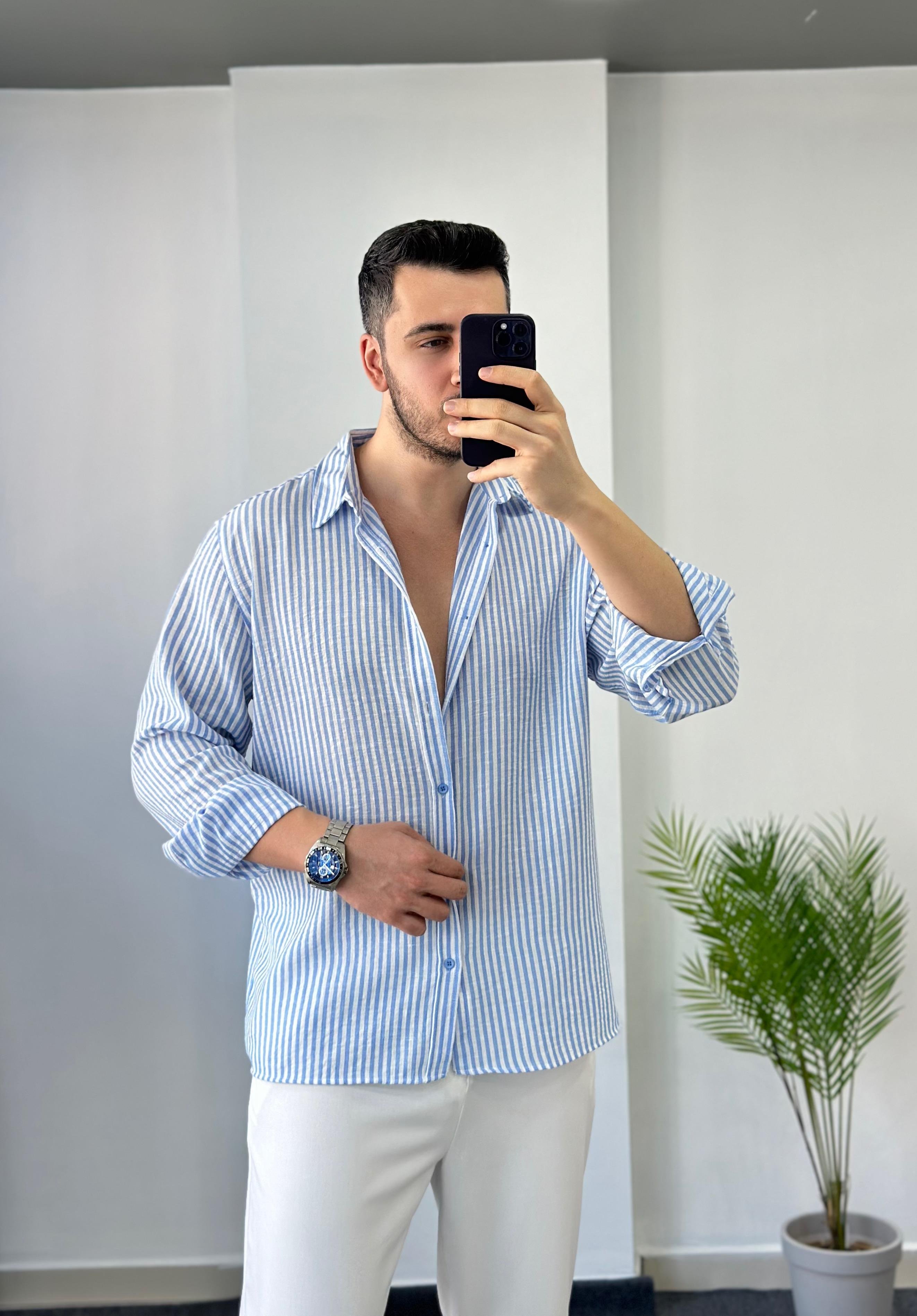 Premium Mavi Çizgili Oversize Keten Gömlek