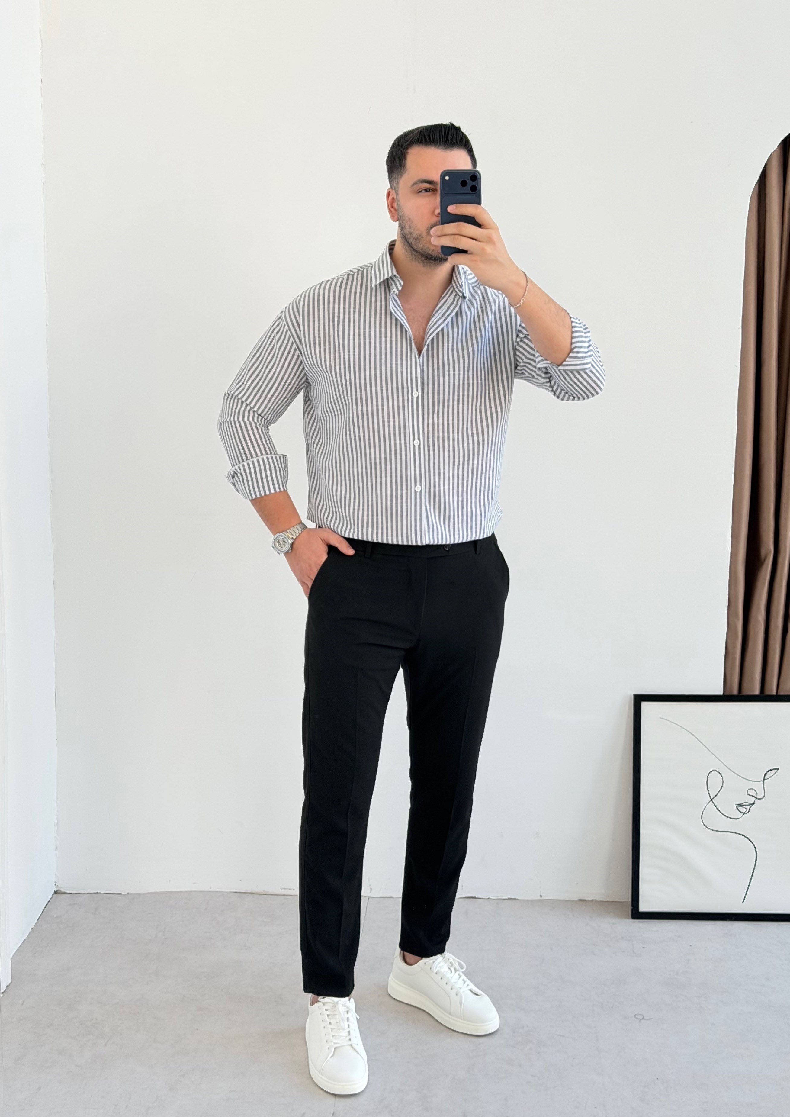 Premium Siyah Çizgili Keten Gömlek