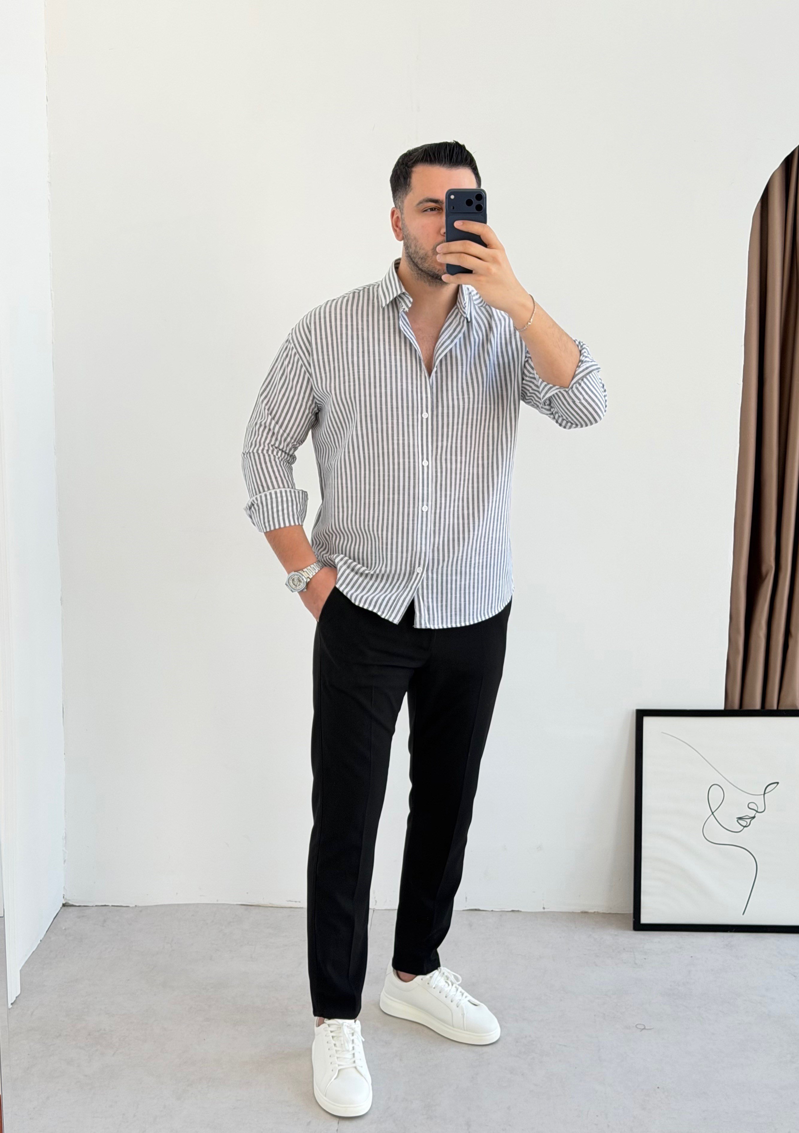 Premium Siyah Çizgili Keten Gömlek
