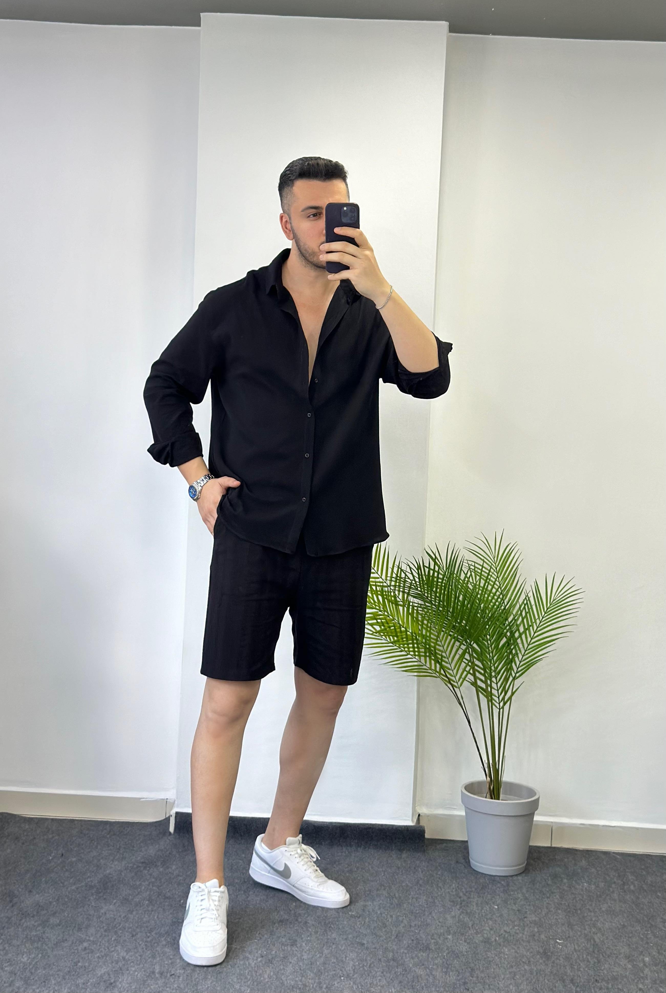 Premium Siyah Oversize Keten Gömlek 