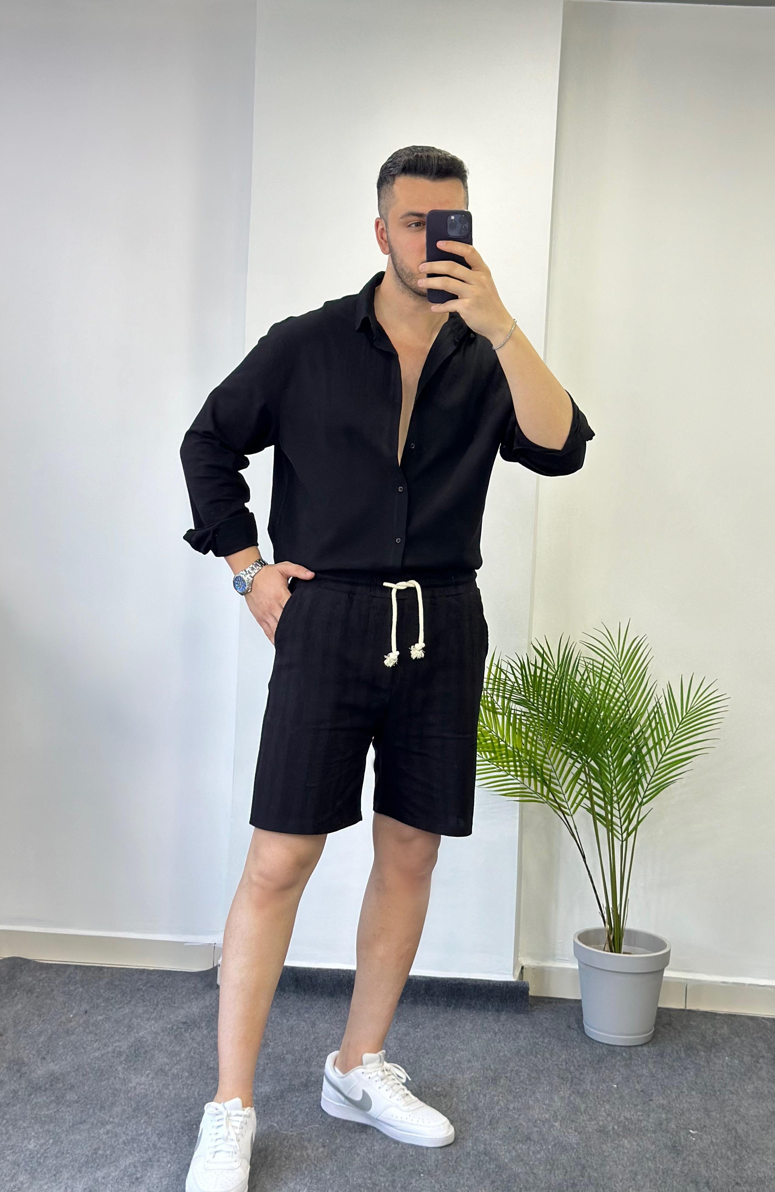 Premium Siyah Oversize Keten Gömlek 