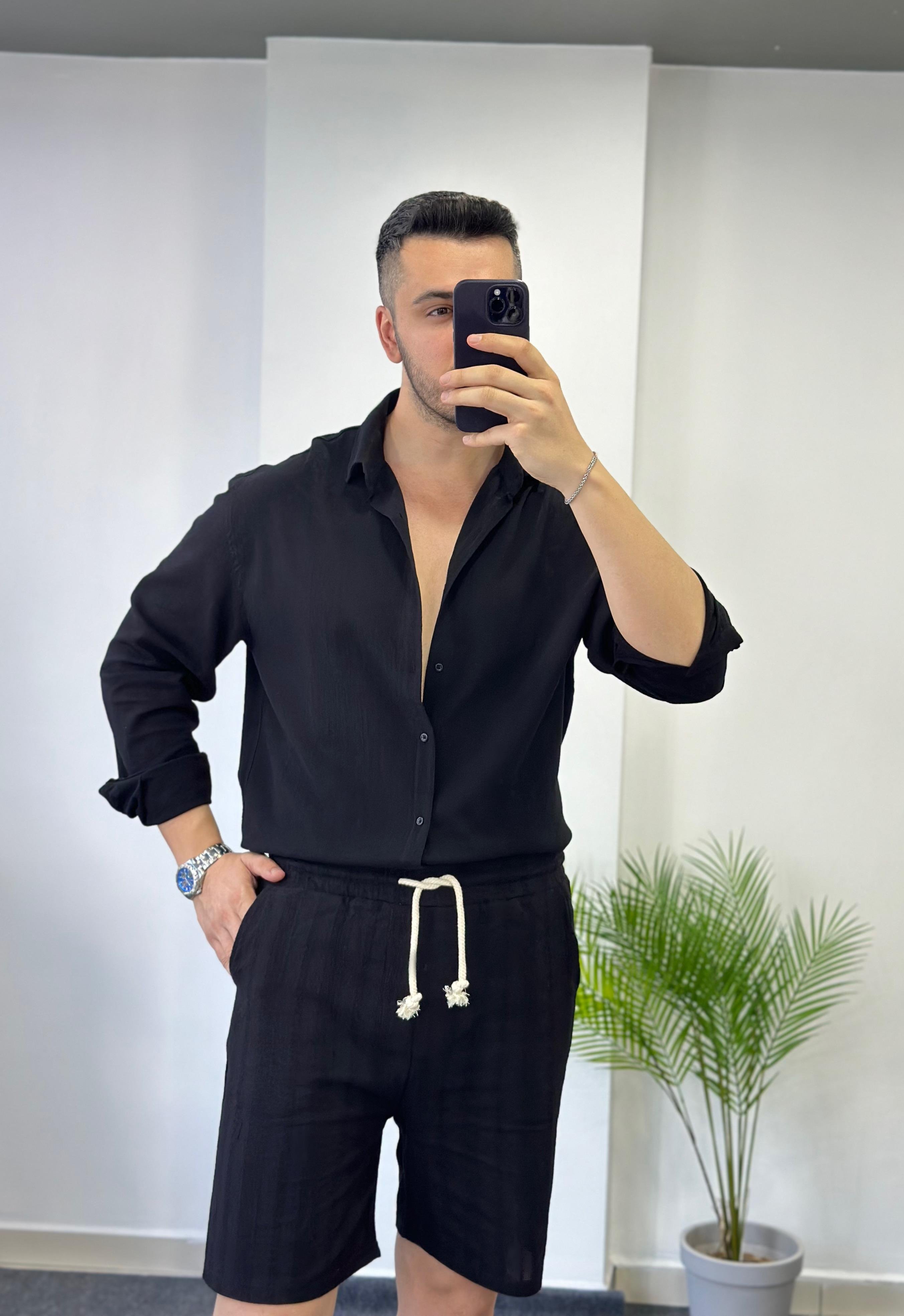 Premium Siyah Oversize Keten Gömlek 