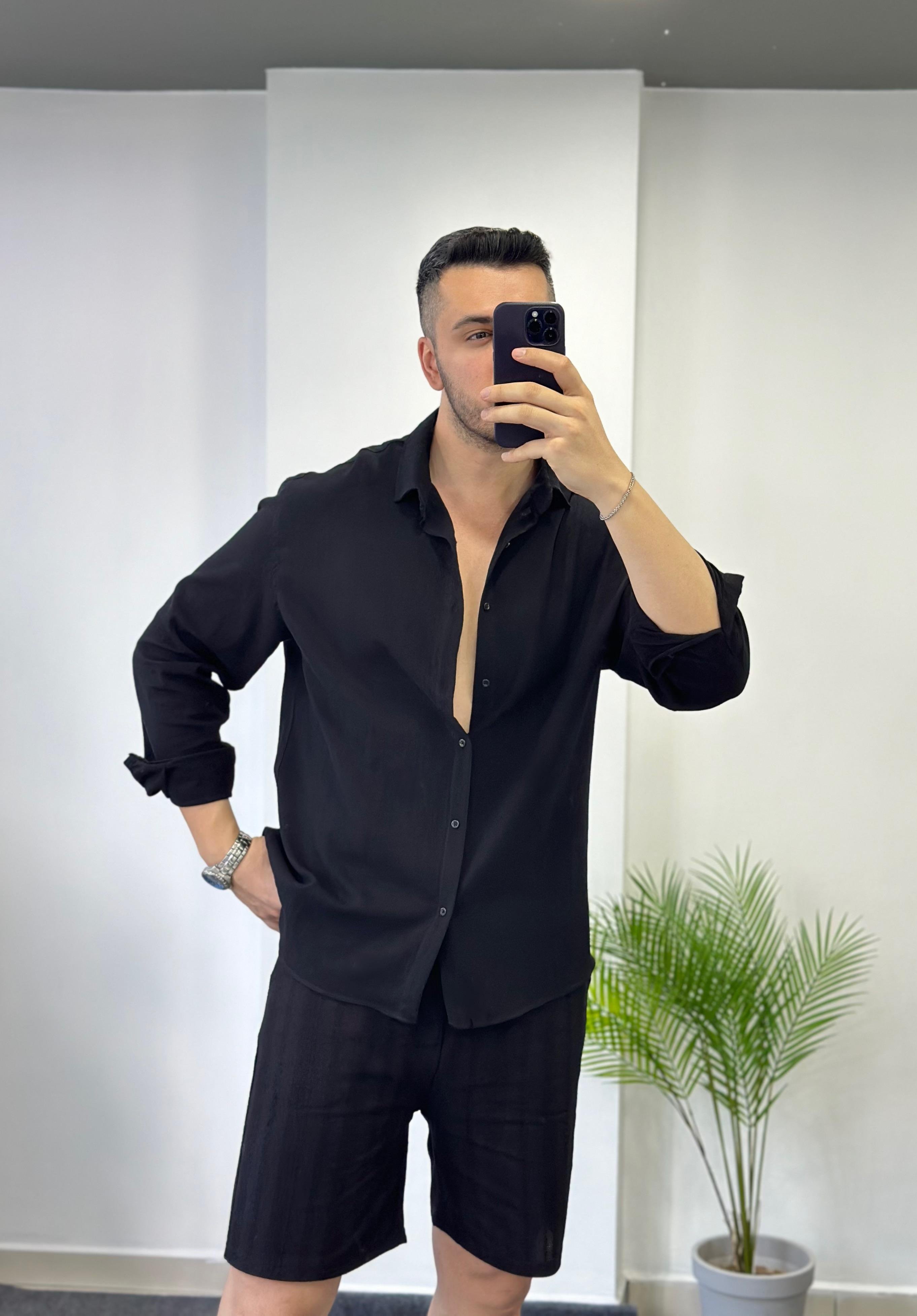 Premium Siyah Oversize Keten Gömlek 