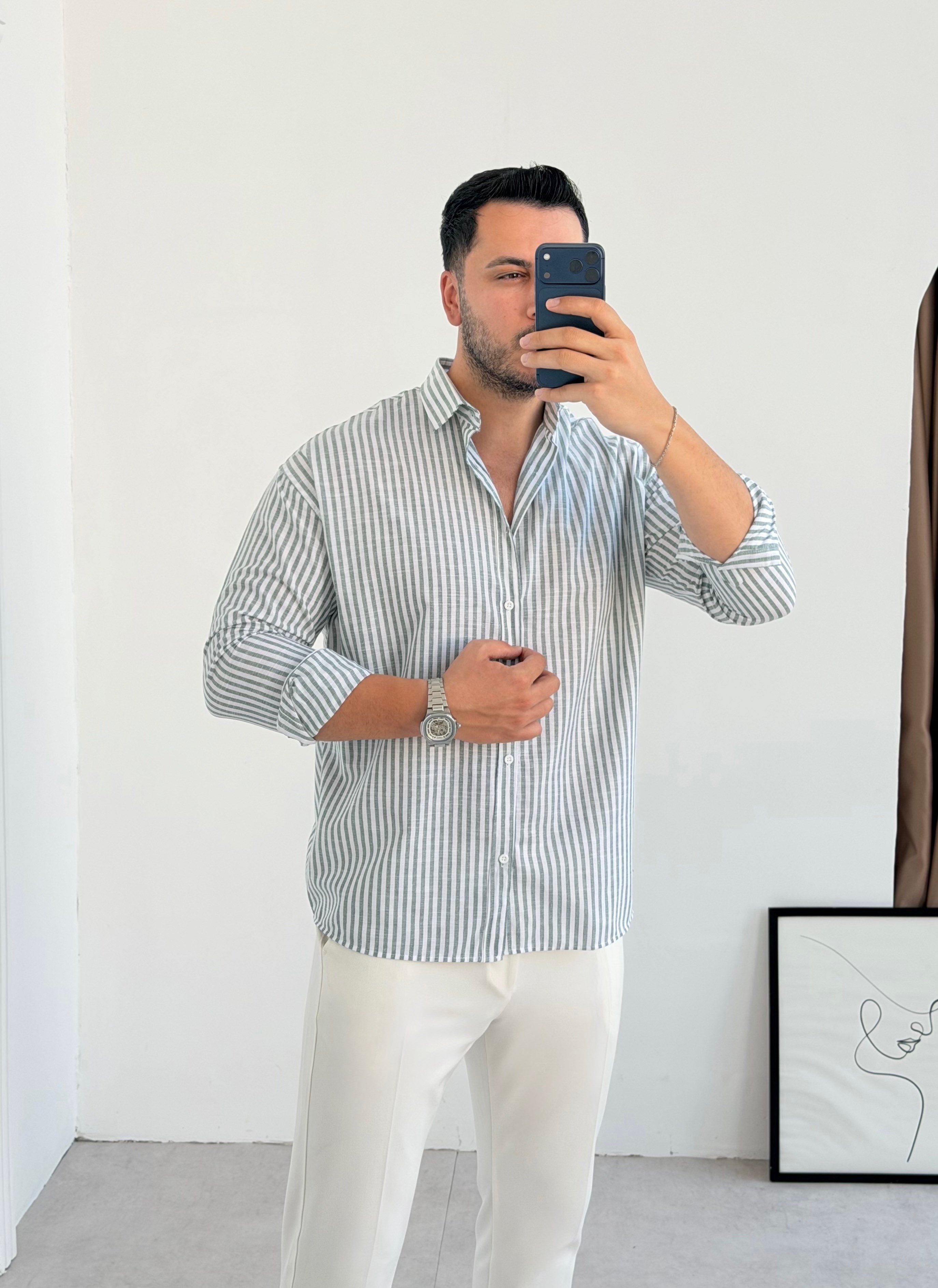 Premium Yeşil Çizgili Keten Gömlek