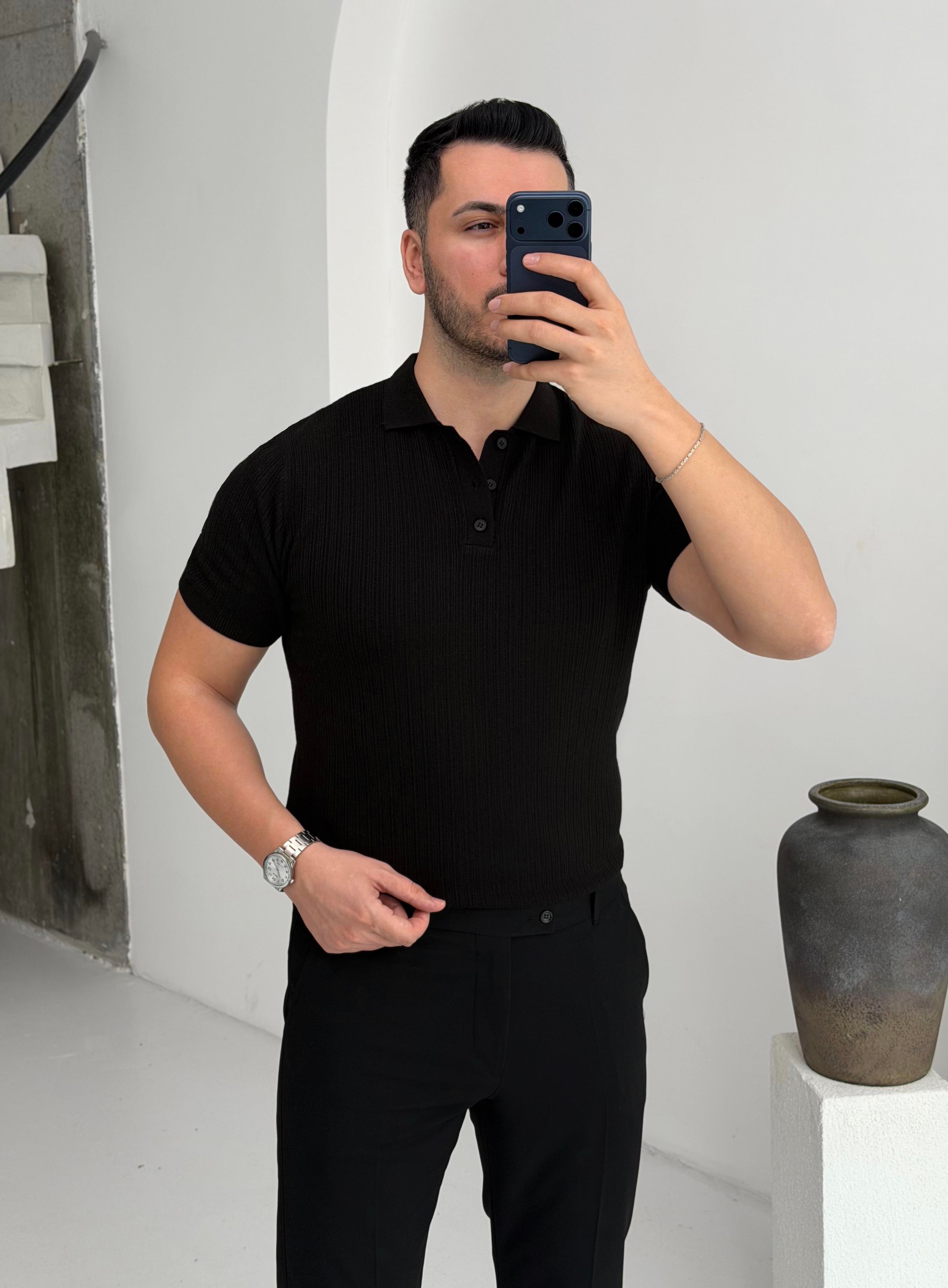 Prime Siyah Düğmeli Tişört 