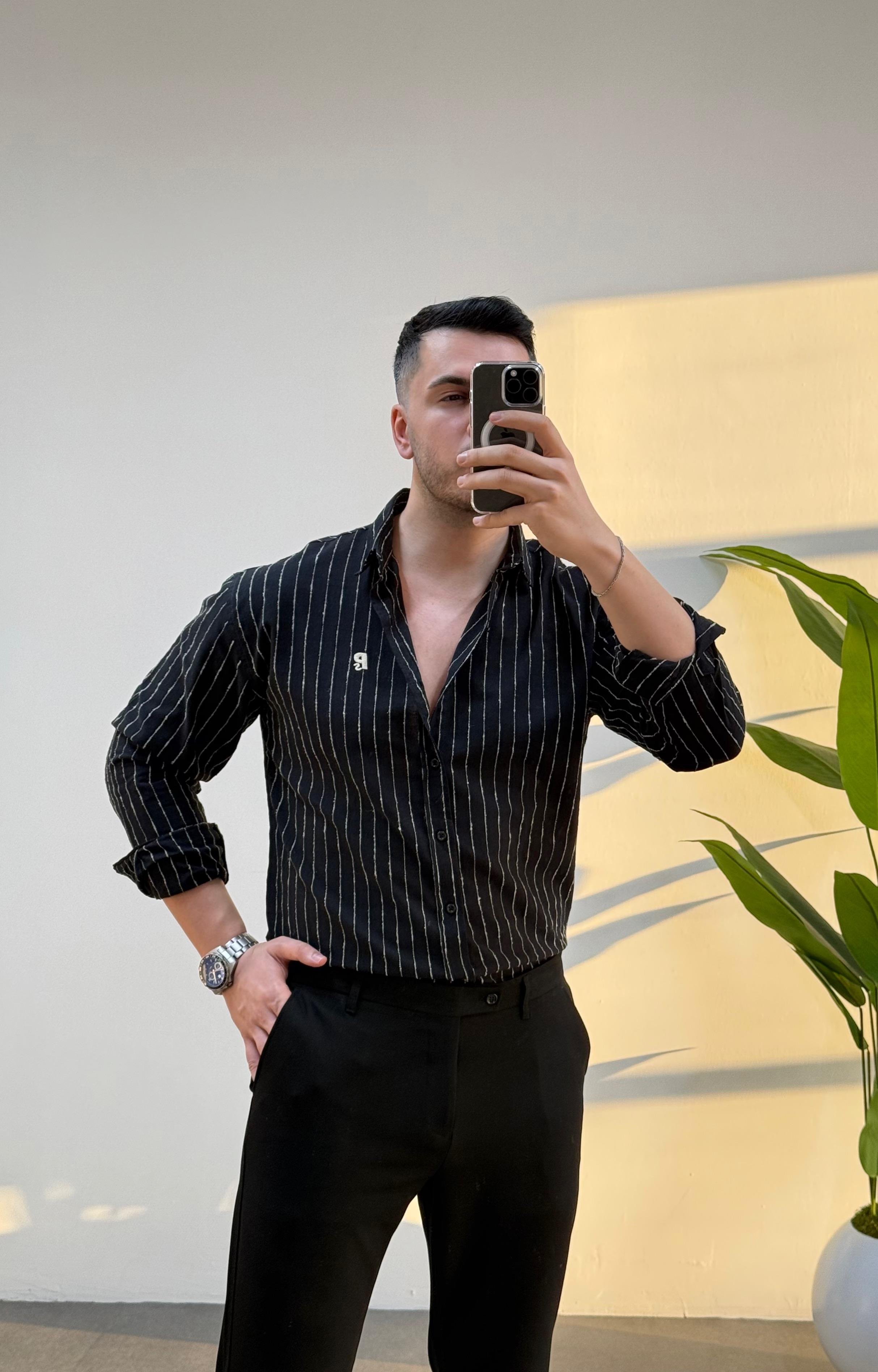 Ps Nakış Siyah Çizgili Keten Gömlek 