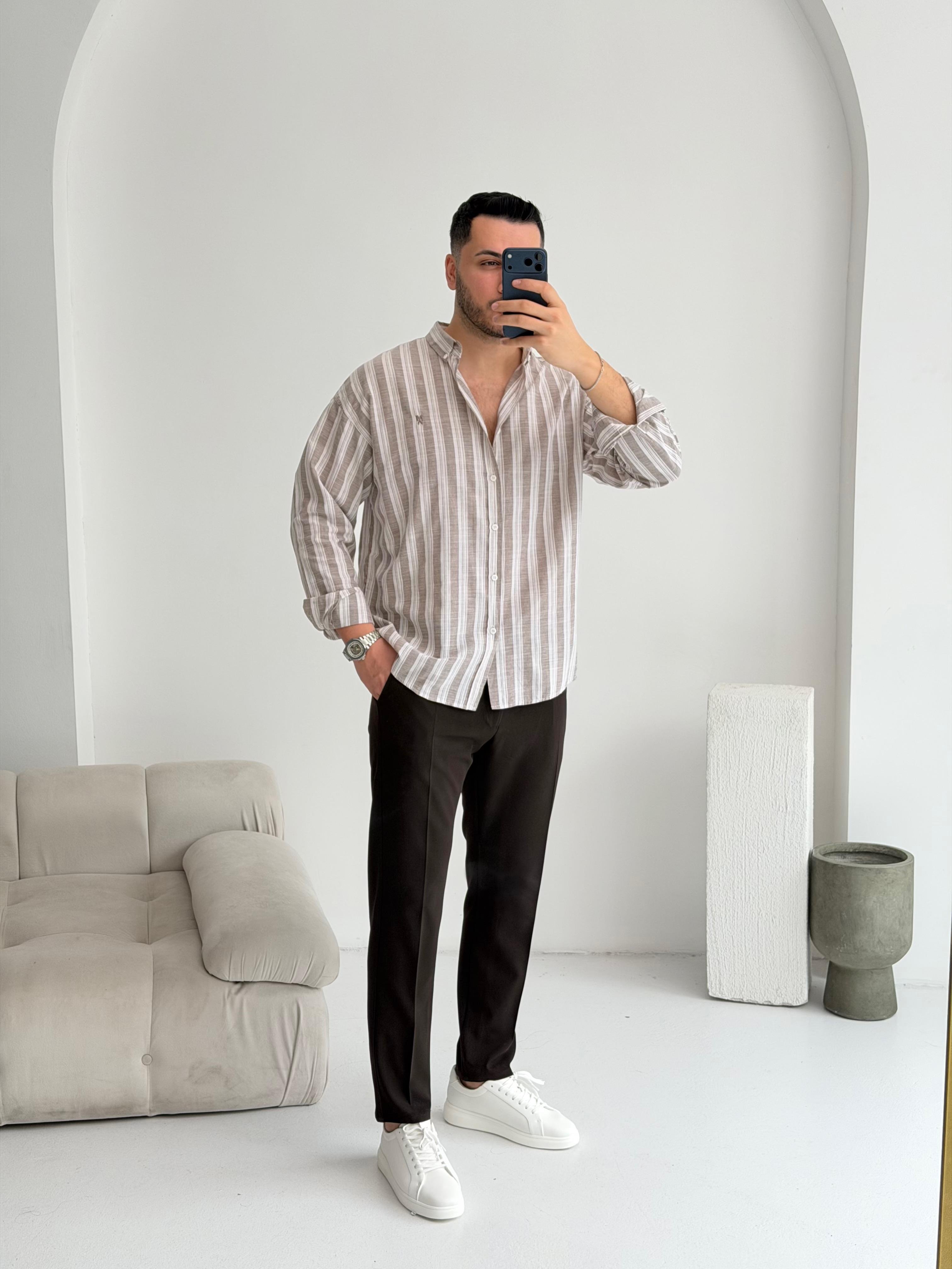 Pure Linen Oversize Kahve Çizgili Gömlek