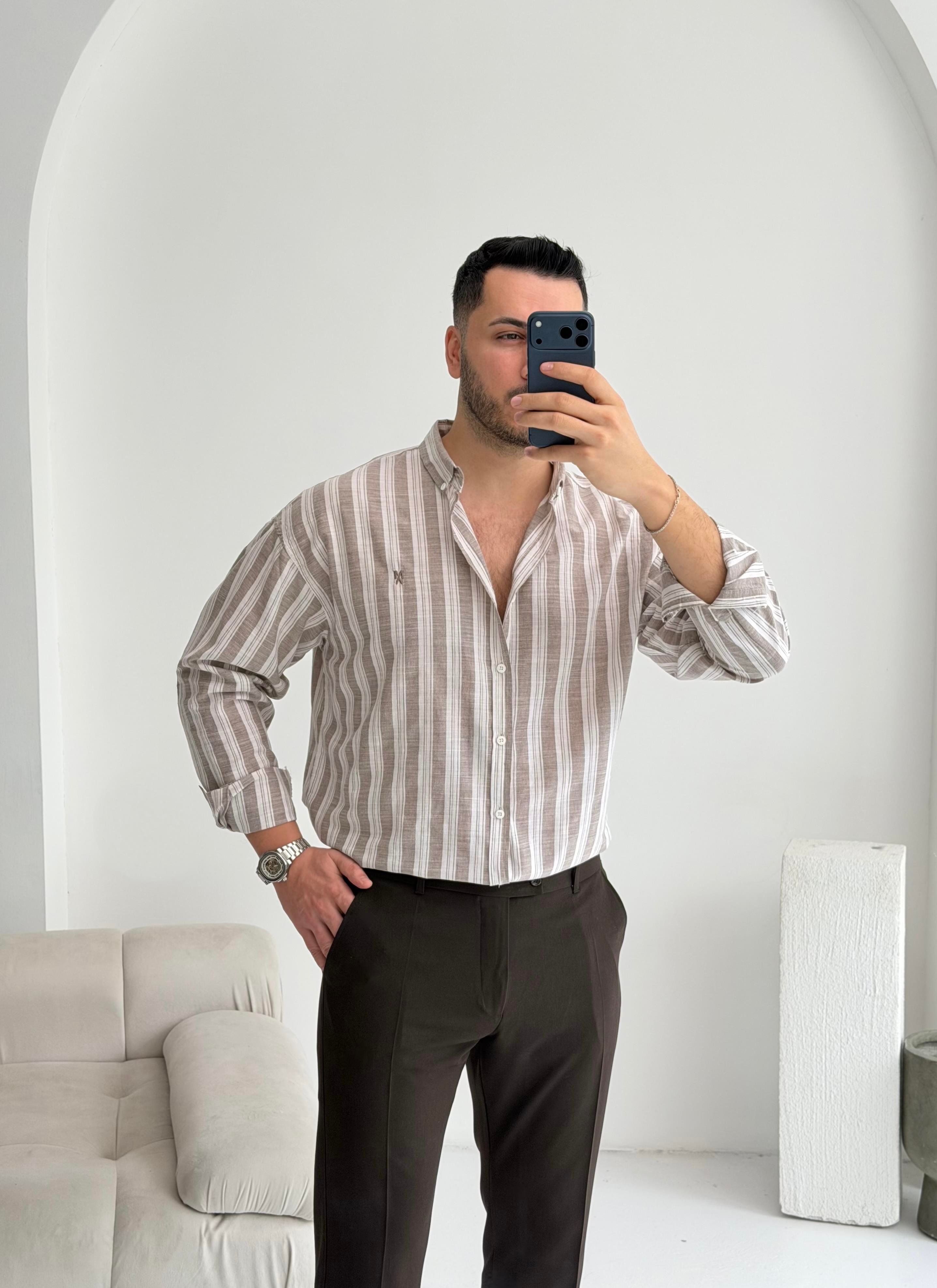 Pure Linen Oversize Kahve Çizgili Gömlek