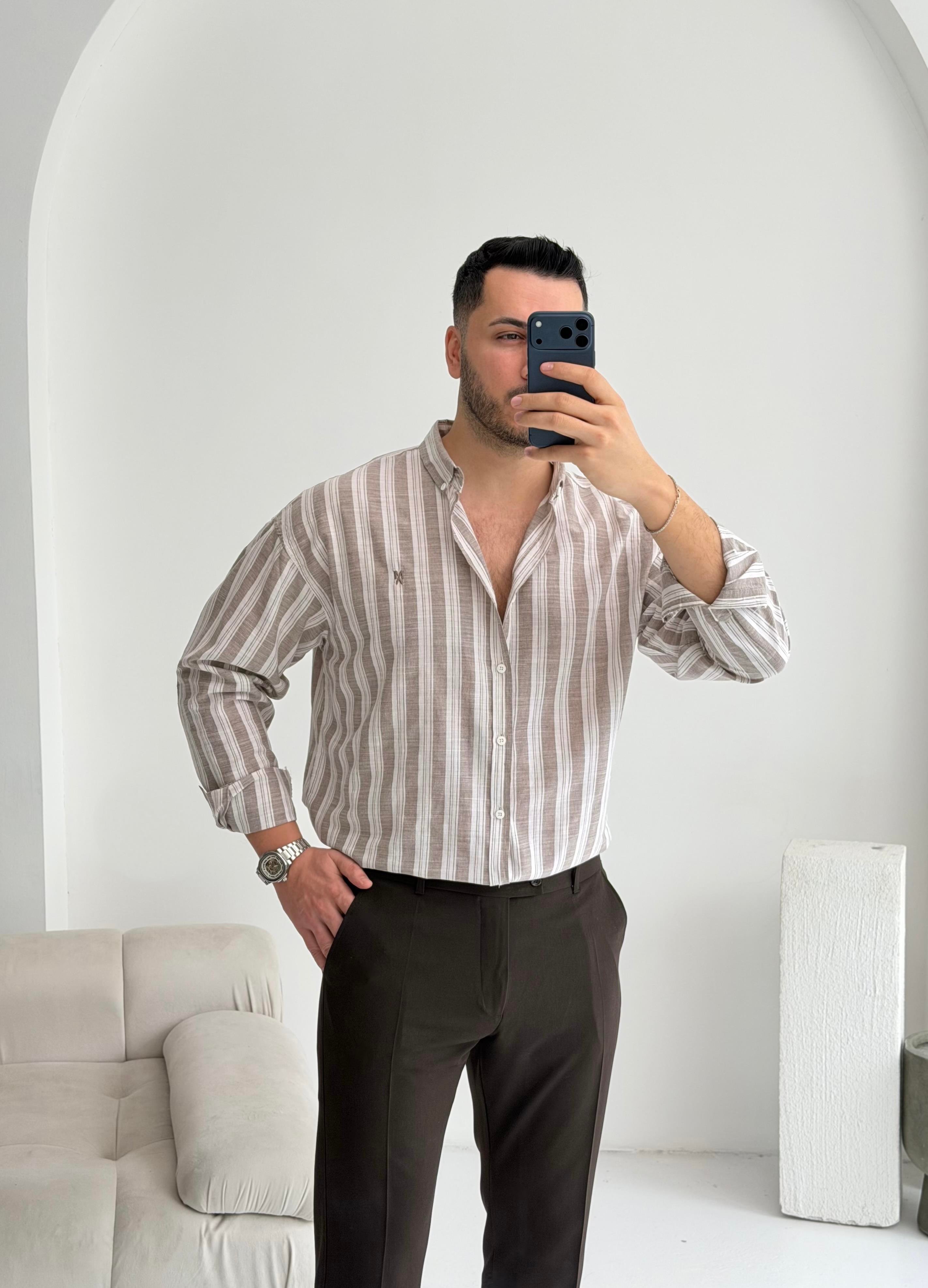 Pure Linen Oversize Kahve Çizgili Gömlek