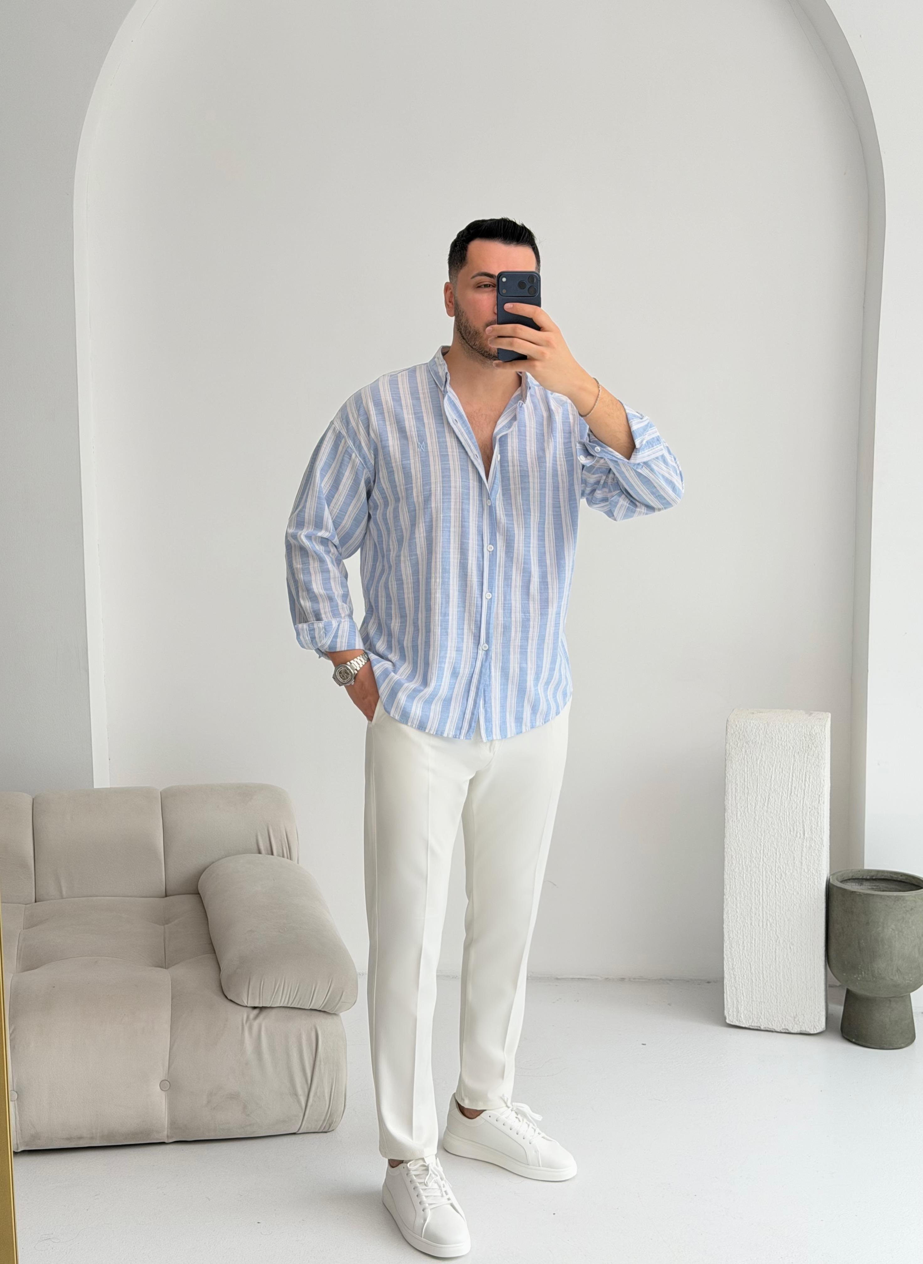 Pure Linen Oversize Kırmızı Çizgili Gömlek