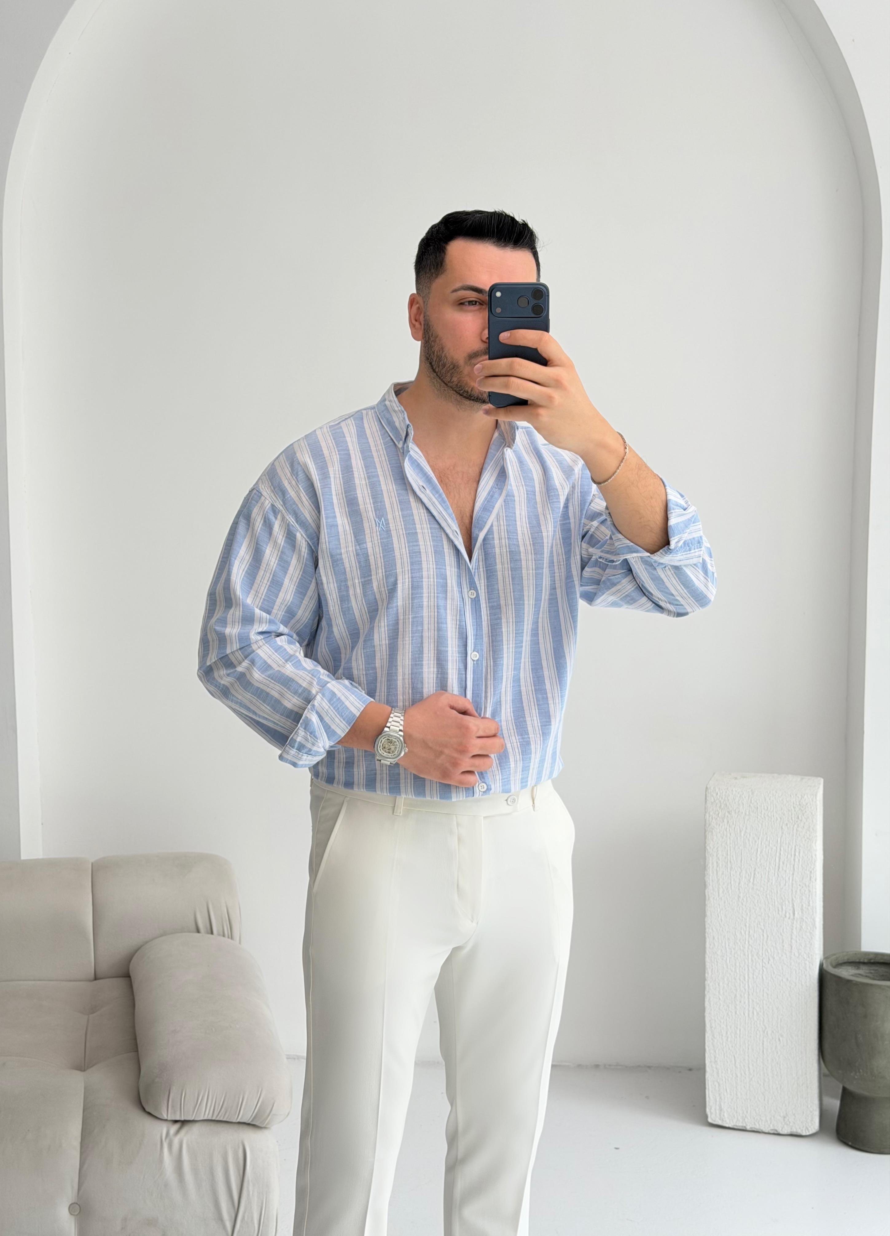 Pure Linen Oversize Kırmızı Çizgili Gömlek