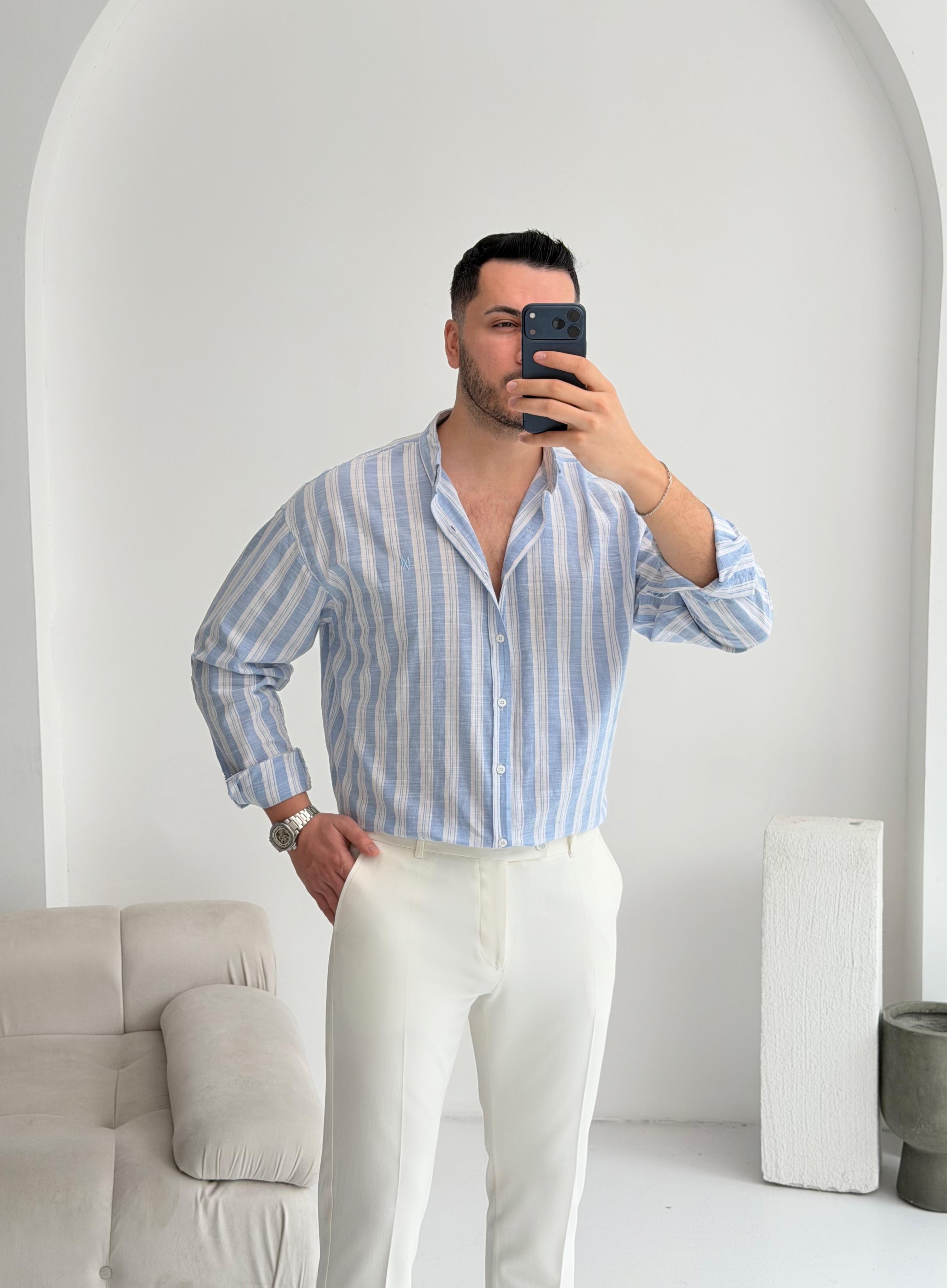 Pure Linen Oversize Kırmızı Çizgili Gömlek