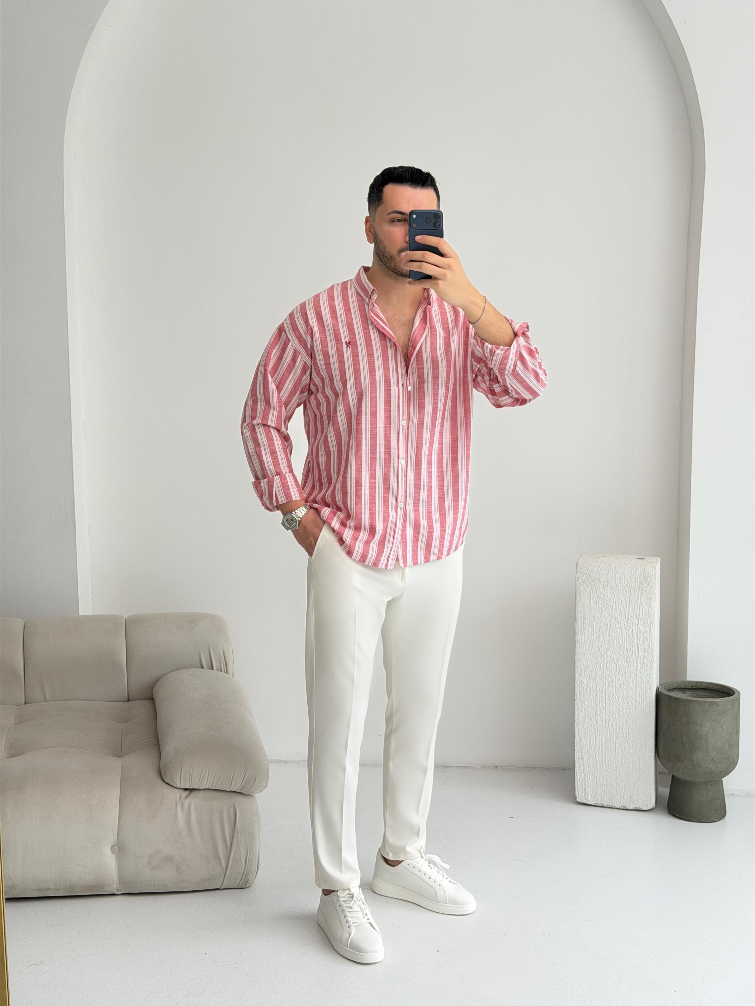 Pure Linen Oversize Mavi Çizgili Gömlek