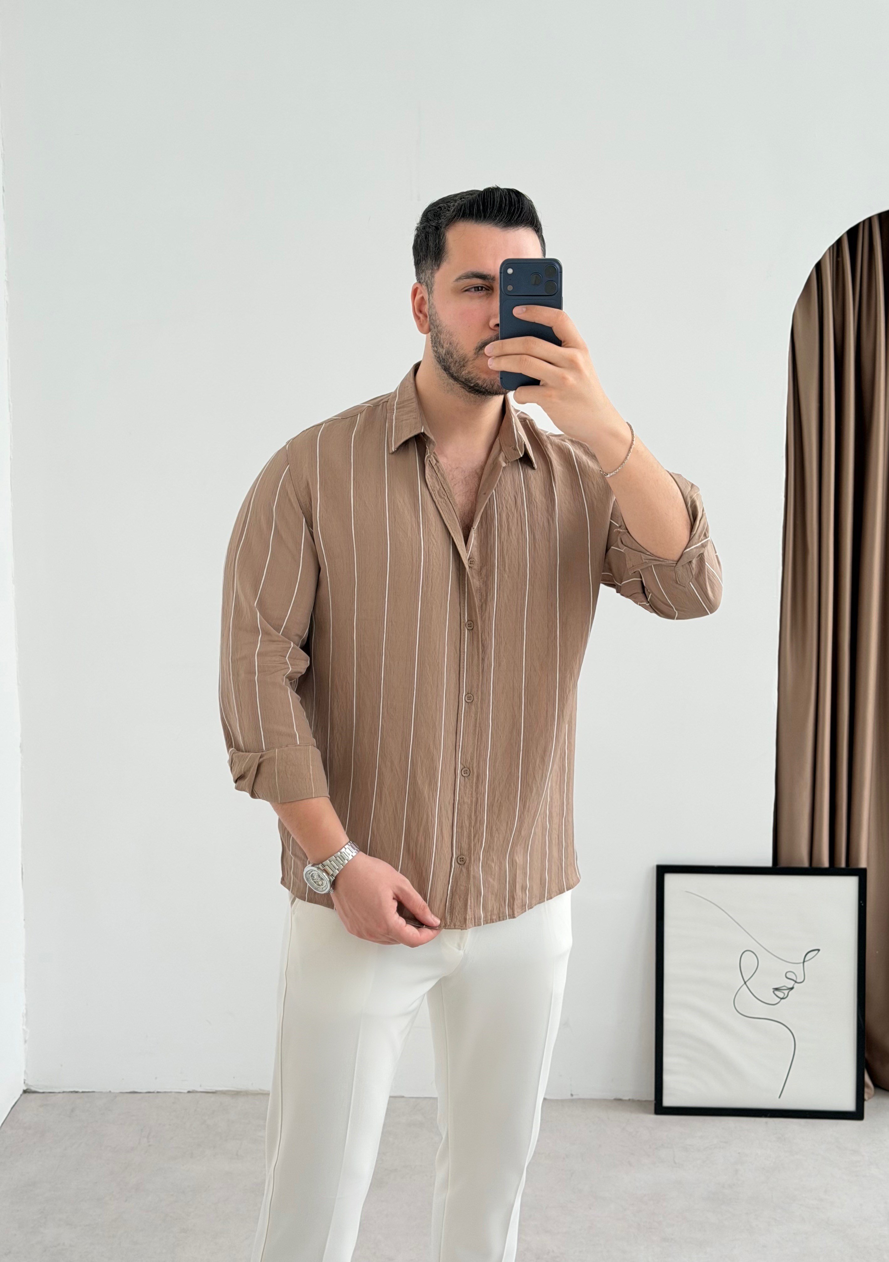 Qua Bej İnce Çizgi Oversize Gömlek