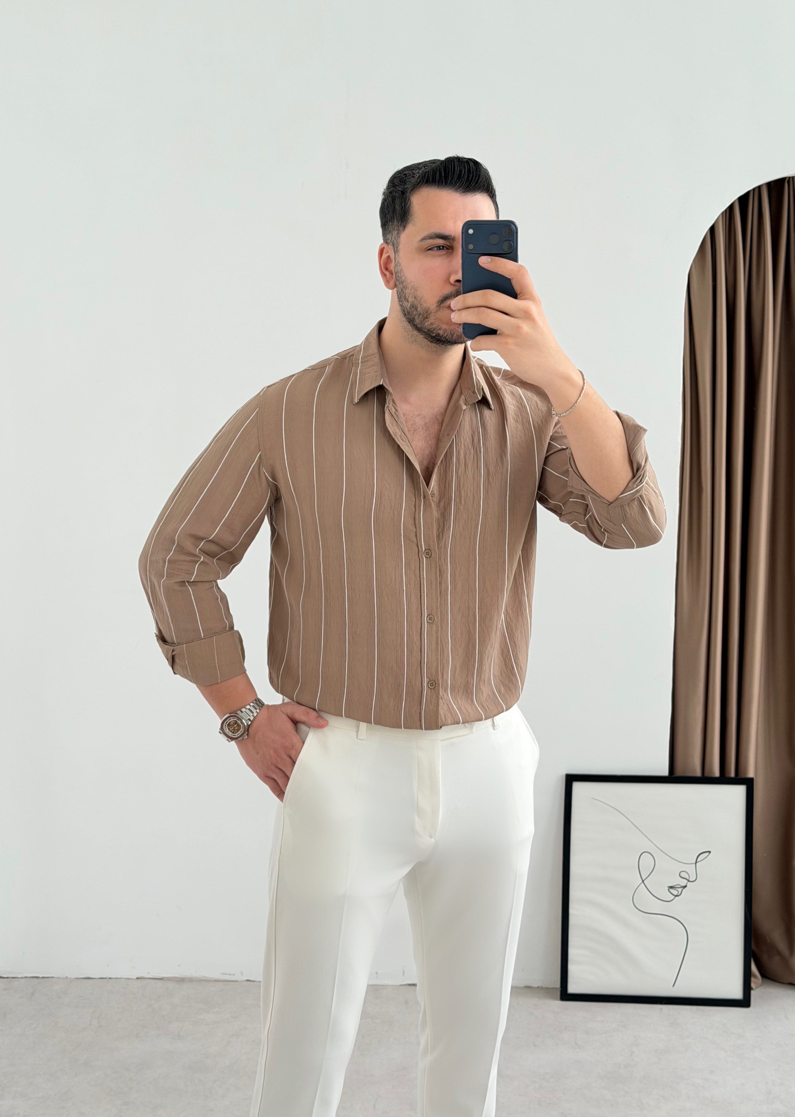 Qua Bej İnce Çizgi Oversize Gömlek
