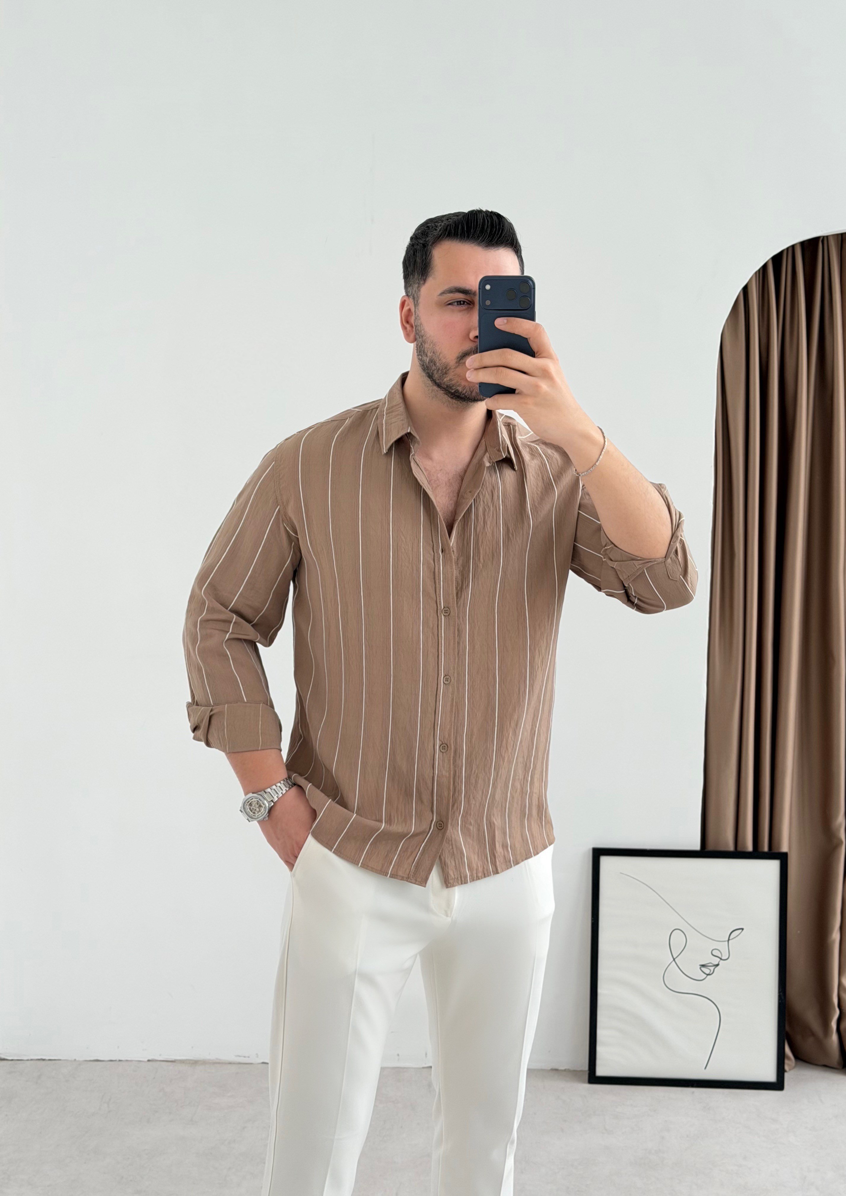 Qua Bej İnce Çizgi Oversize Gömlek