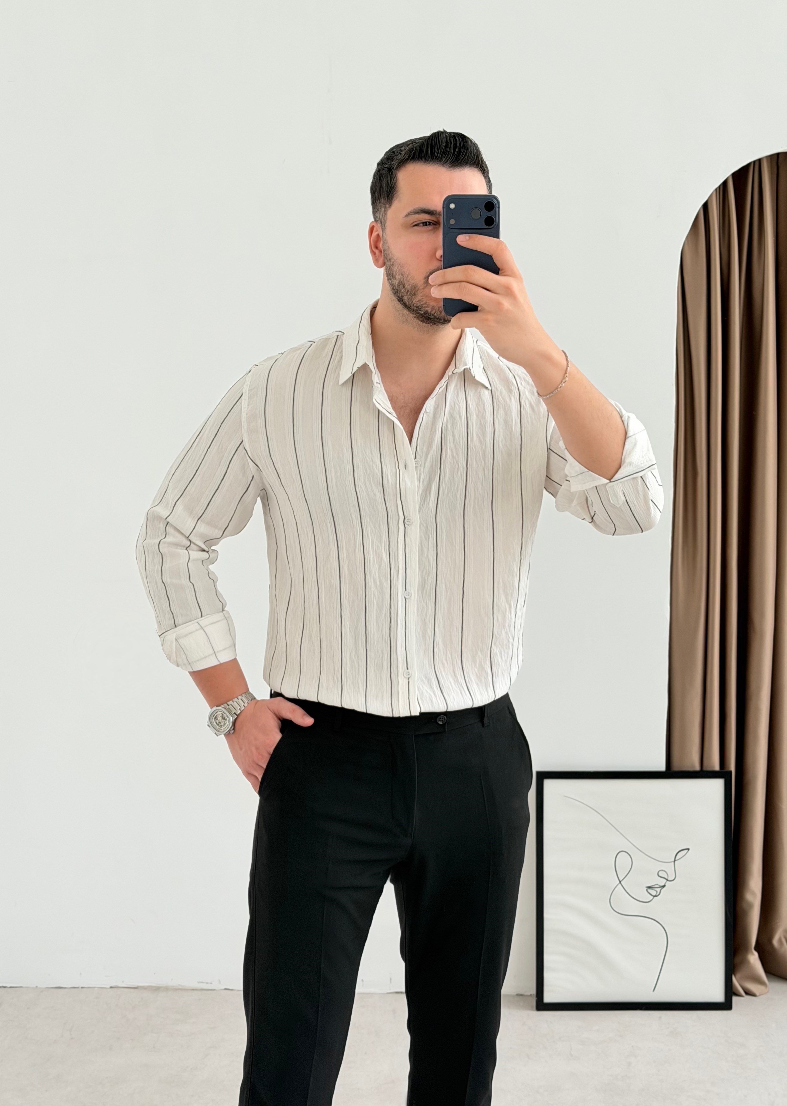 Qua Beyaz İnce Çizgi Oversize Gömlek