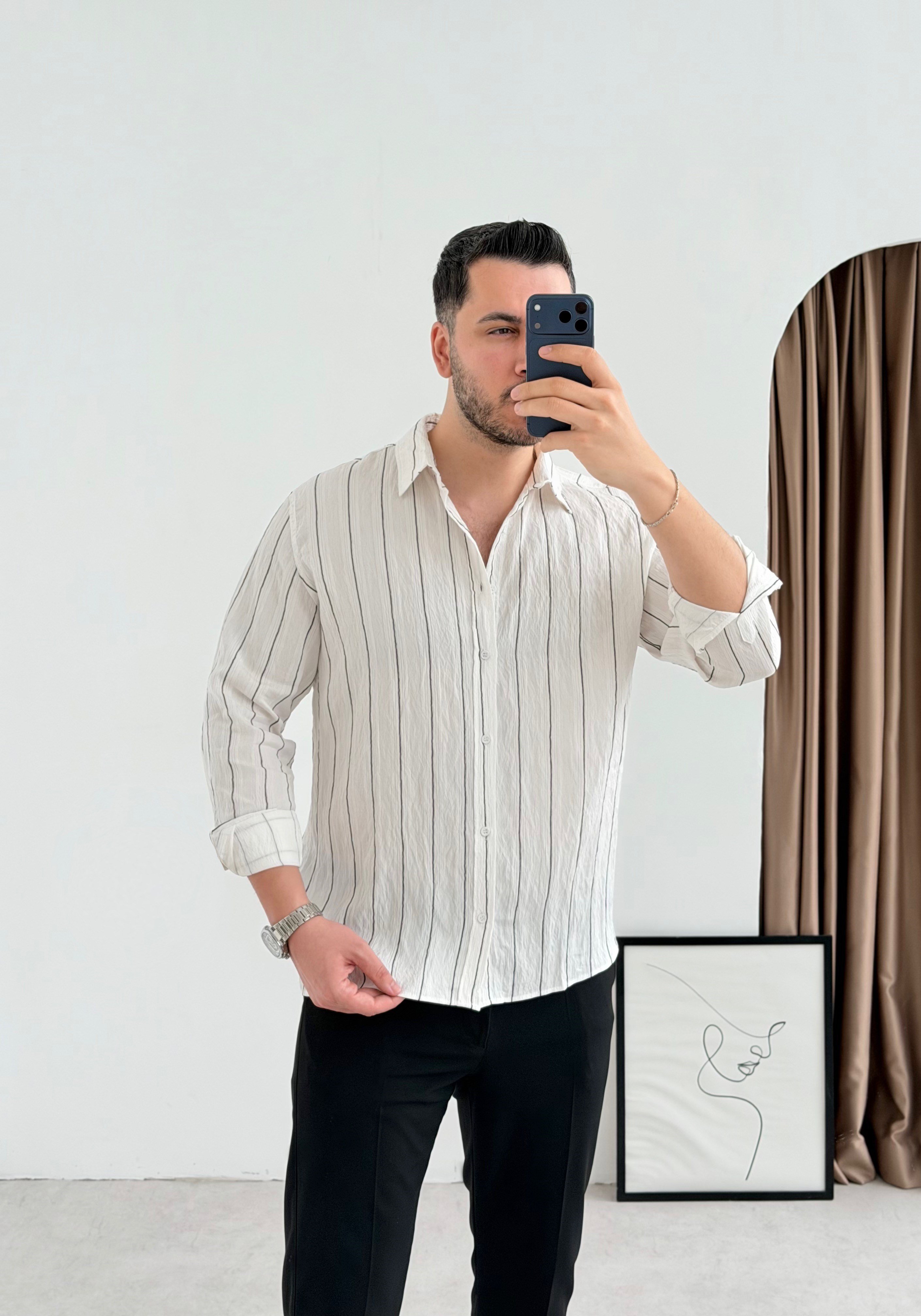 Qua Beyaz İnce Çizgi Oversize Gömlek