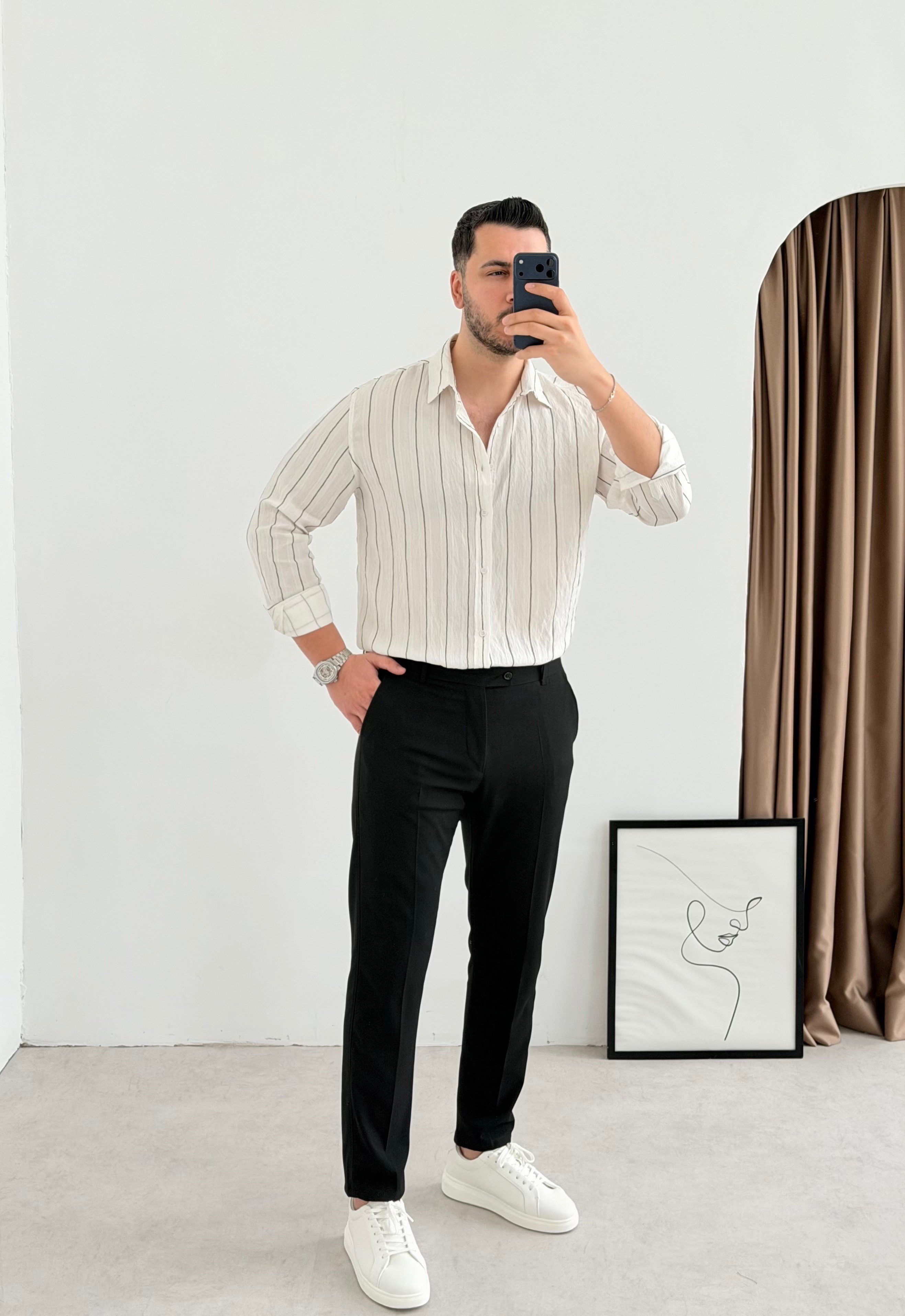 Qua Beyaz İnce Çizgi Oversize Gömlek