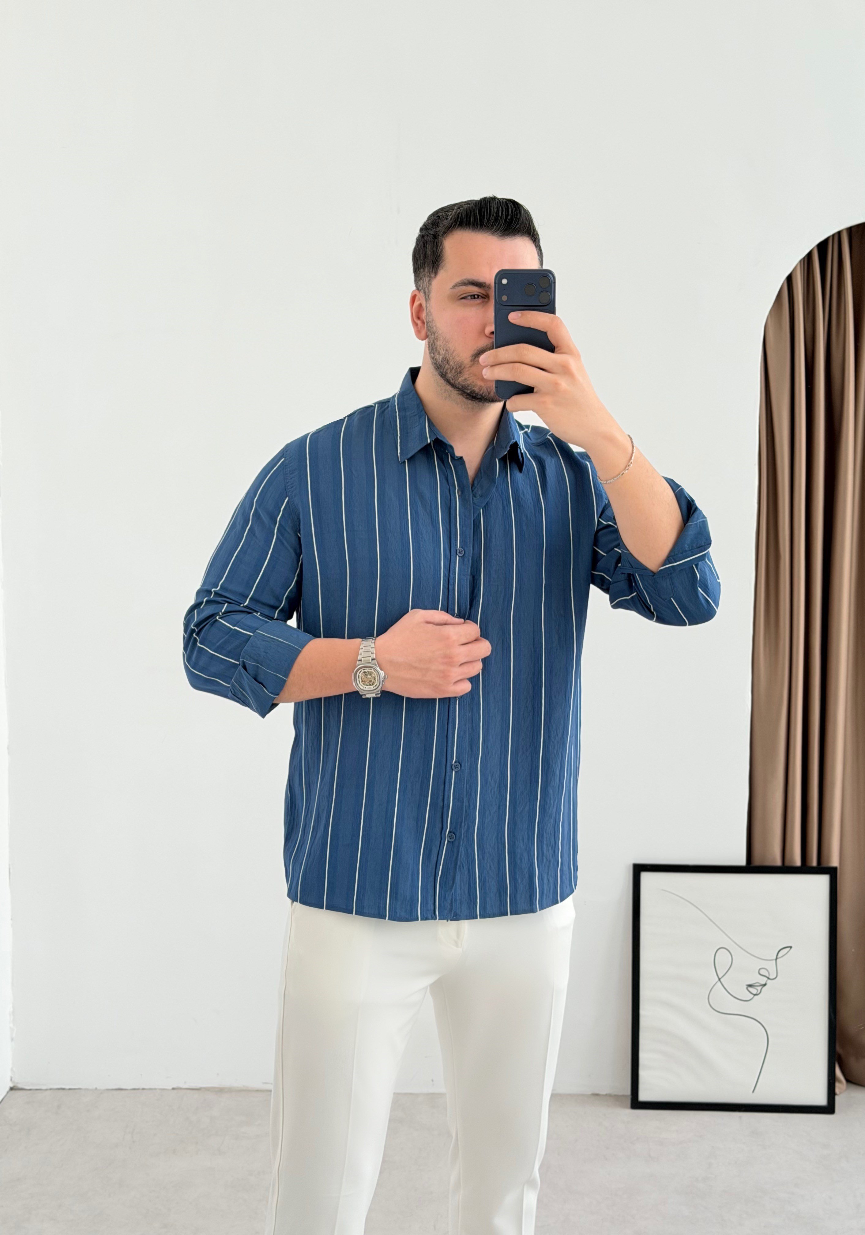 Qua İndigo İnce Çizgi Oversize Gömlek