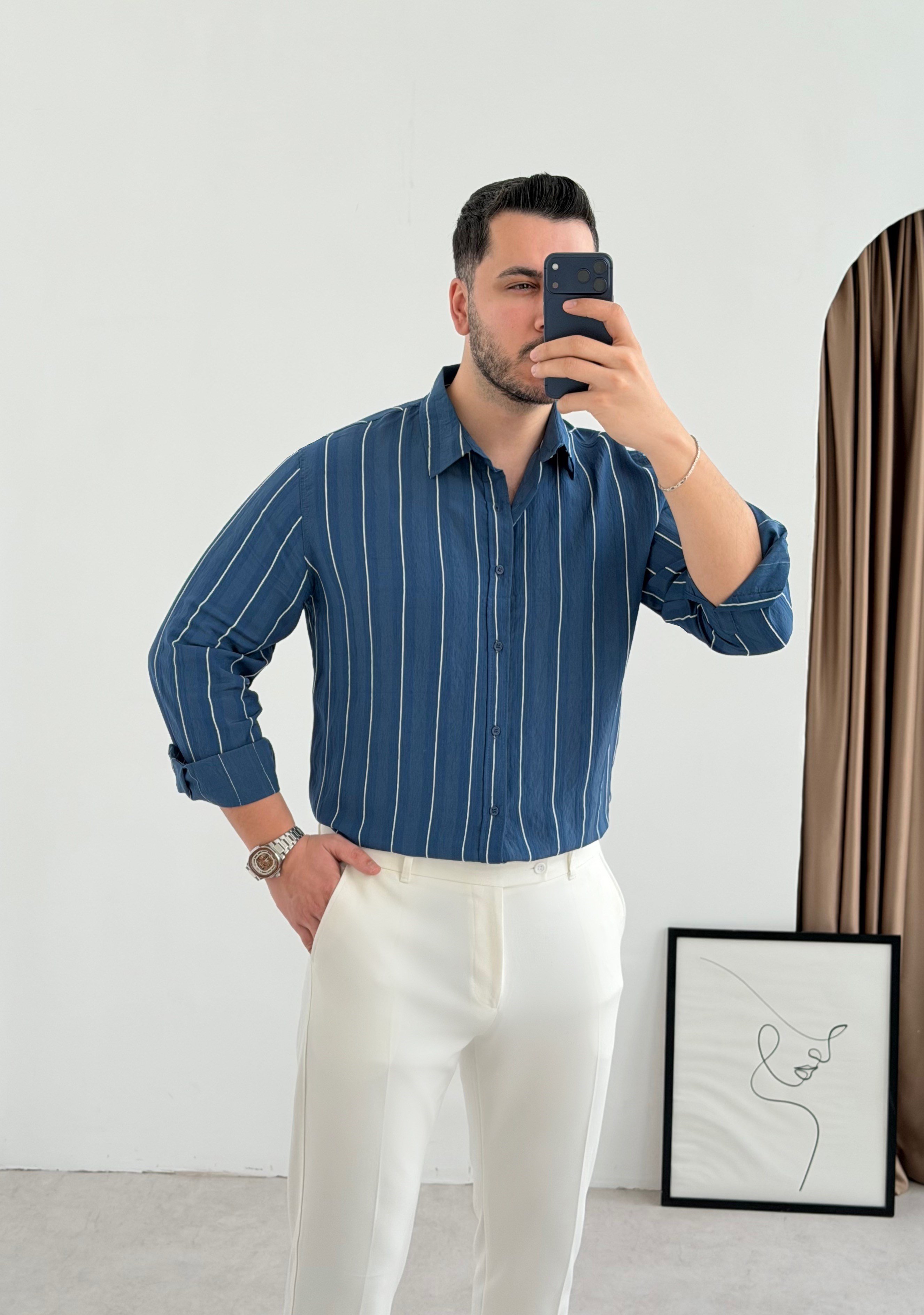 Qua İndigo İnce Çizgi Oversize Gömlek