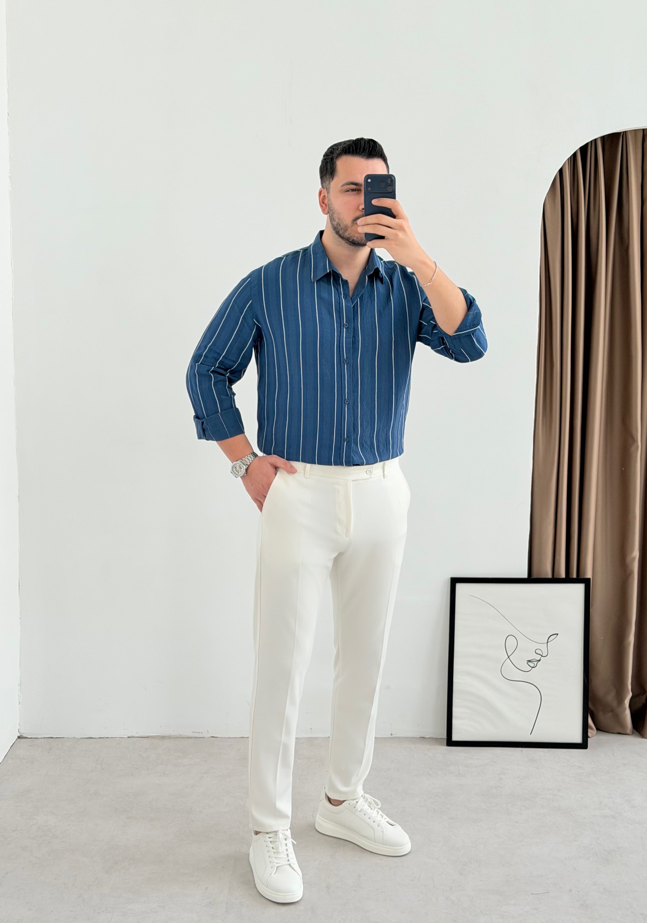 Qua İndigo İnce Çizgi Oversize Gömlek