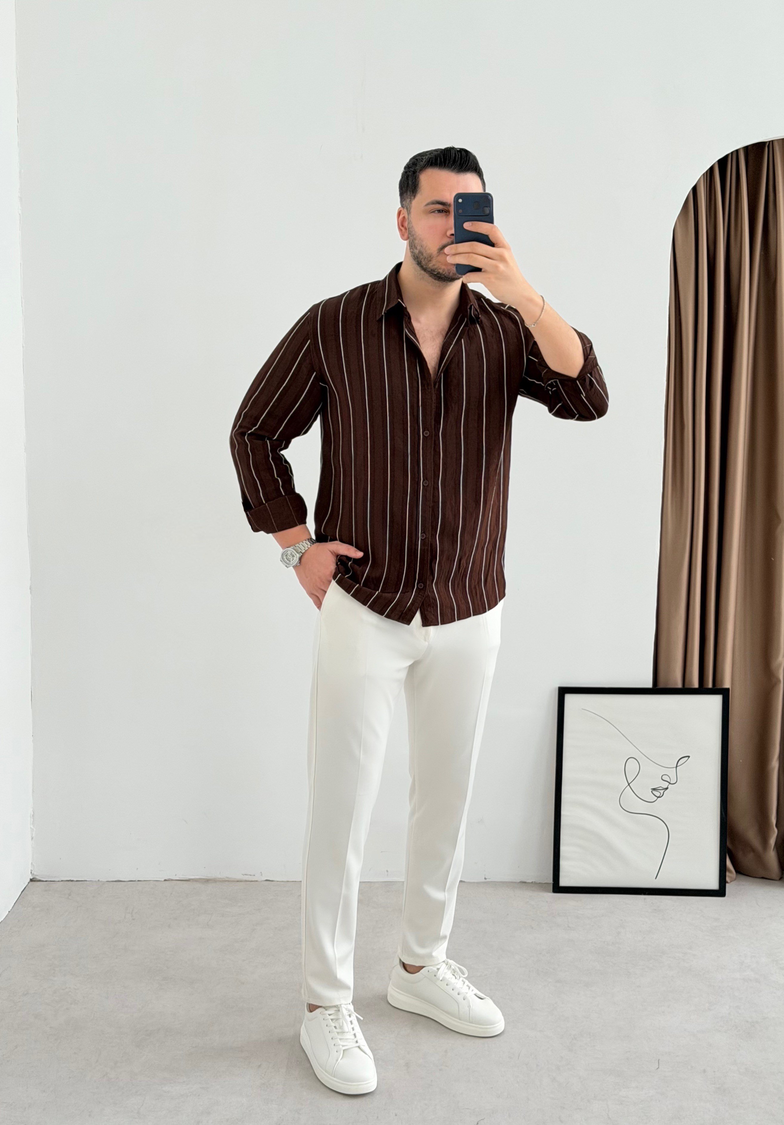 Qua Kahve İnce Çizgi Oversize Gömlek