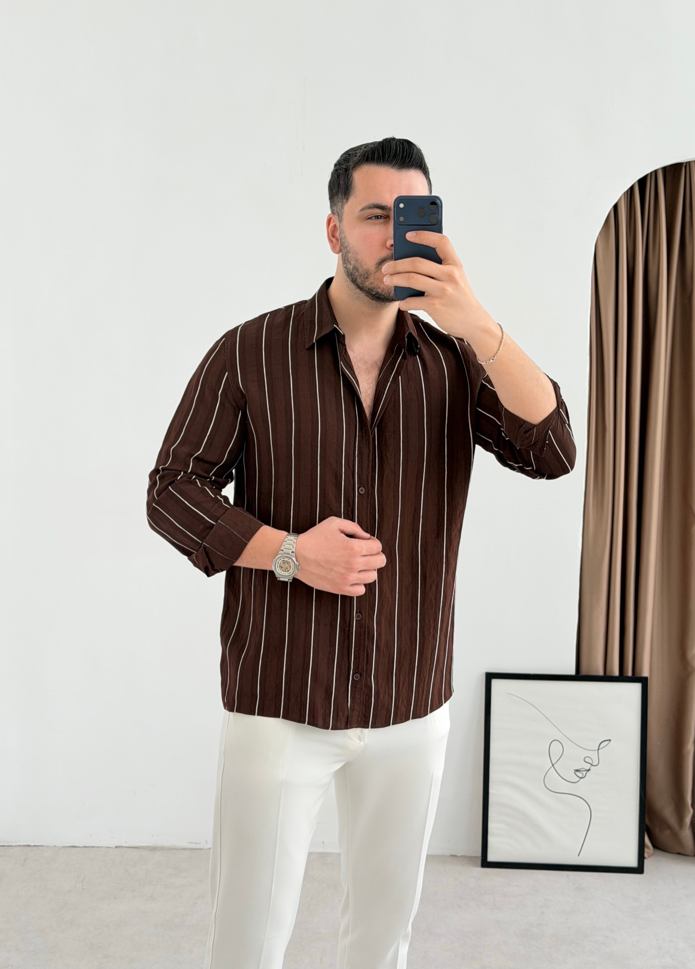 Qua Kahve İnce Çizgi Oversize Gömlek