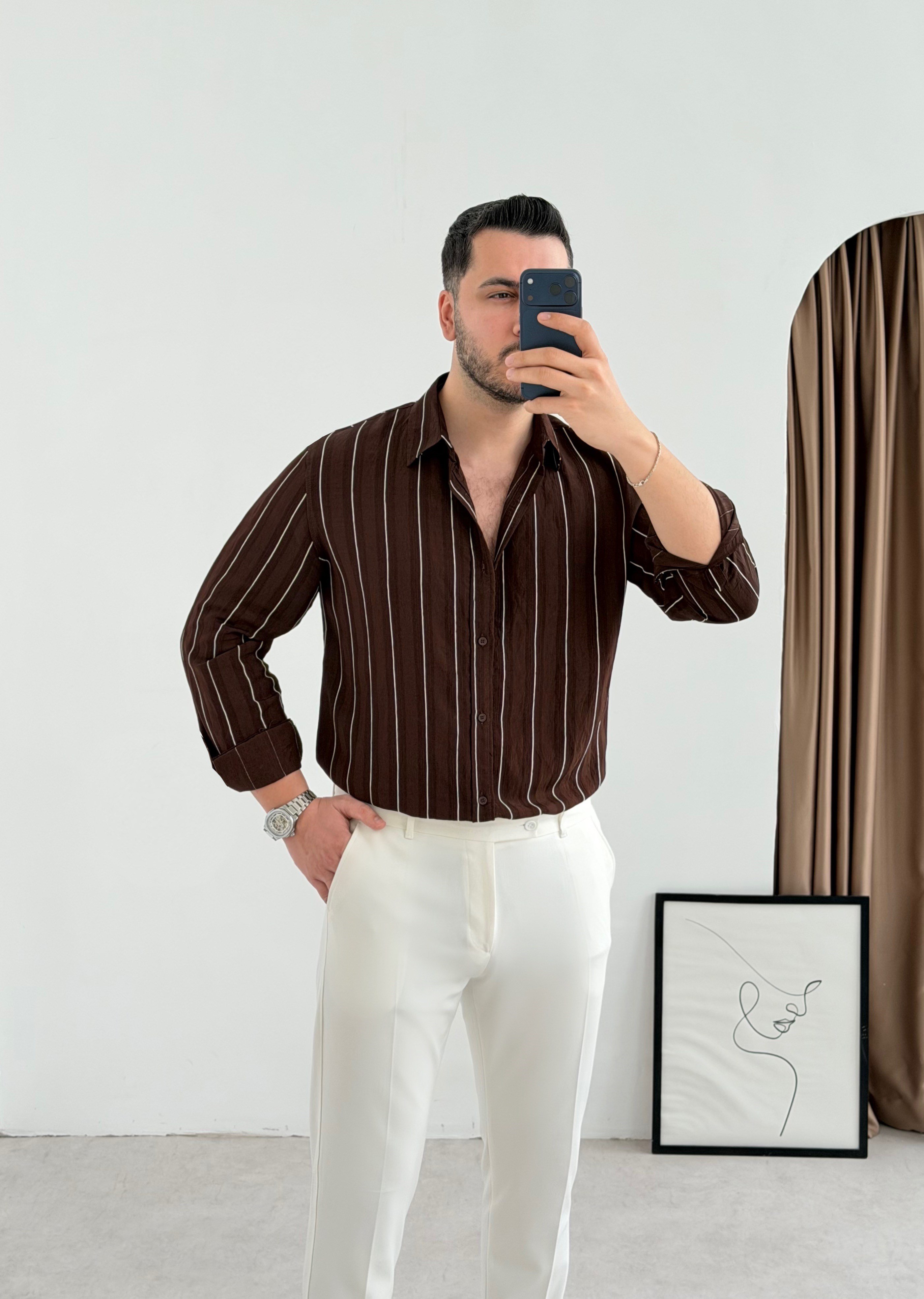 Qua Kahve İnce Çizgi Oversize Gömlek