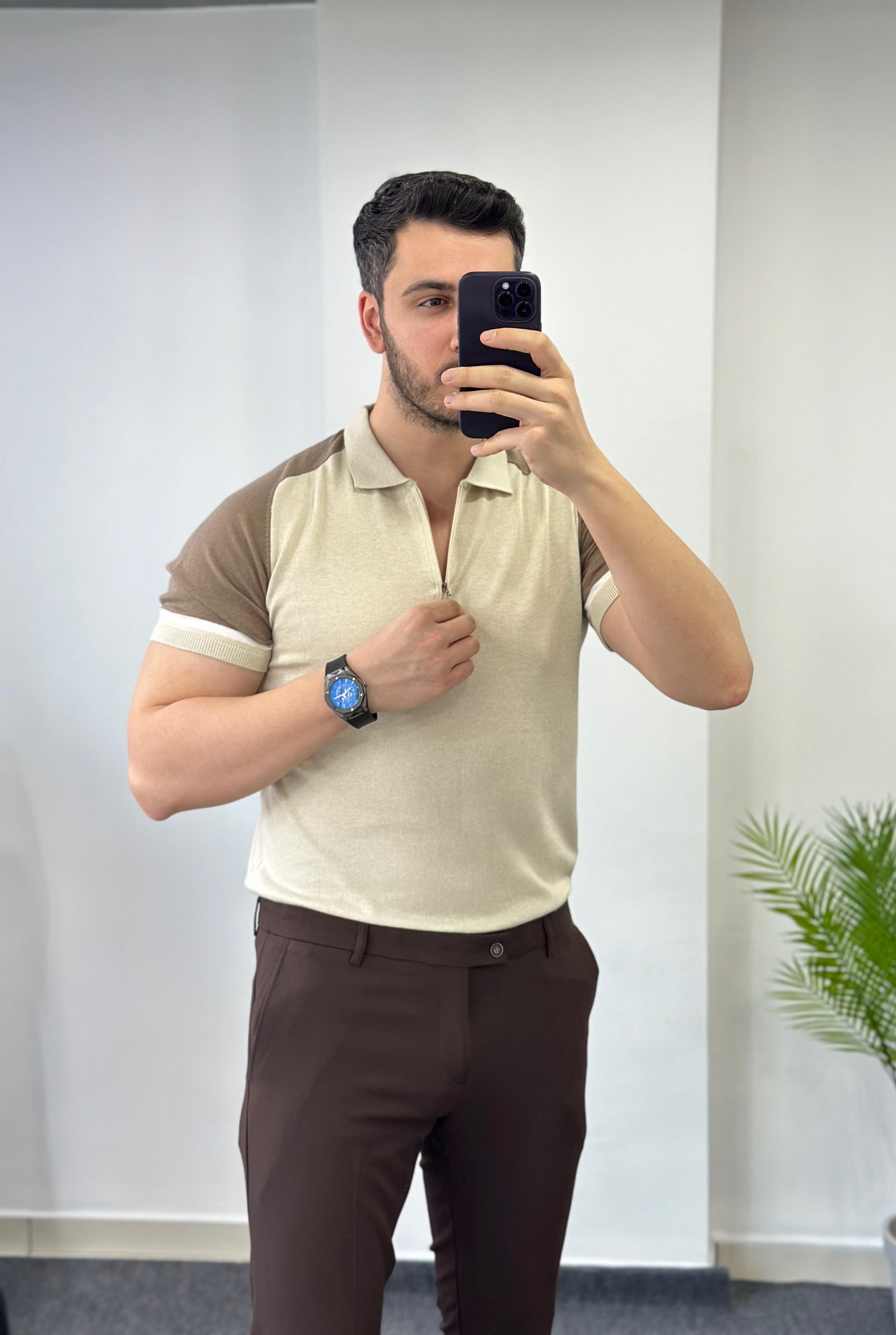 Reglan Kol Krem Fermuarlı Triko Tişört 