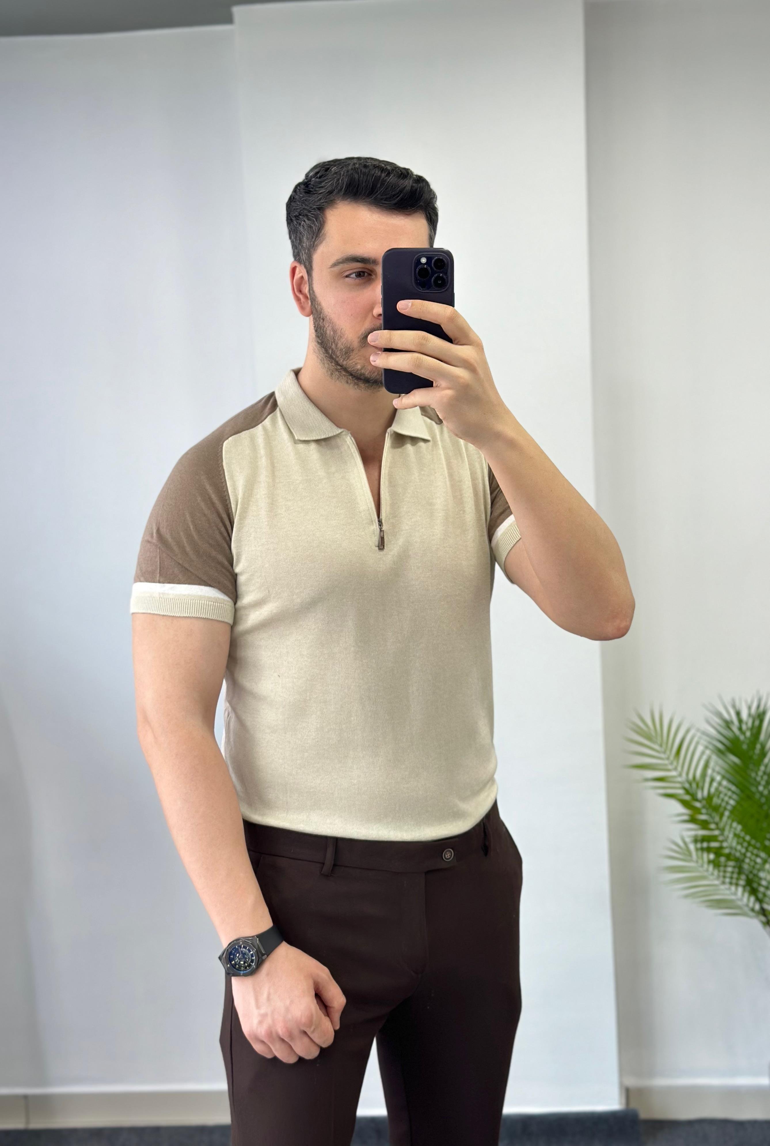 Reglan Kol Krem Fermuarlı Triko Tişört 