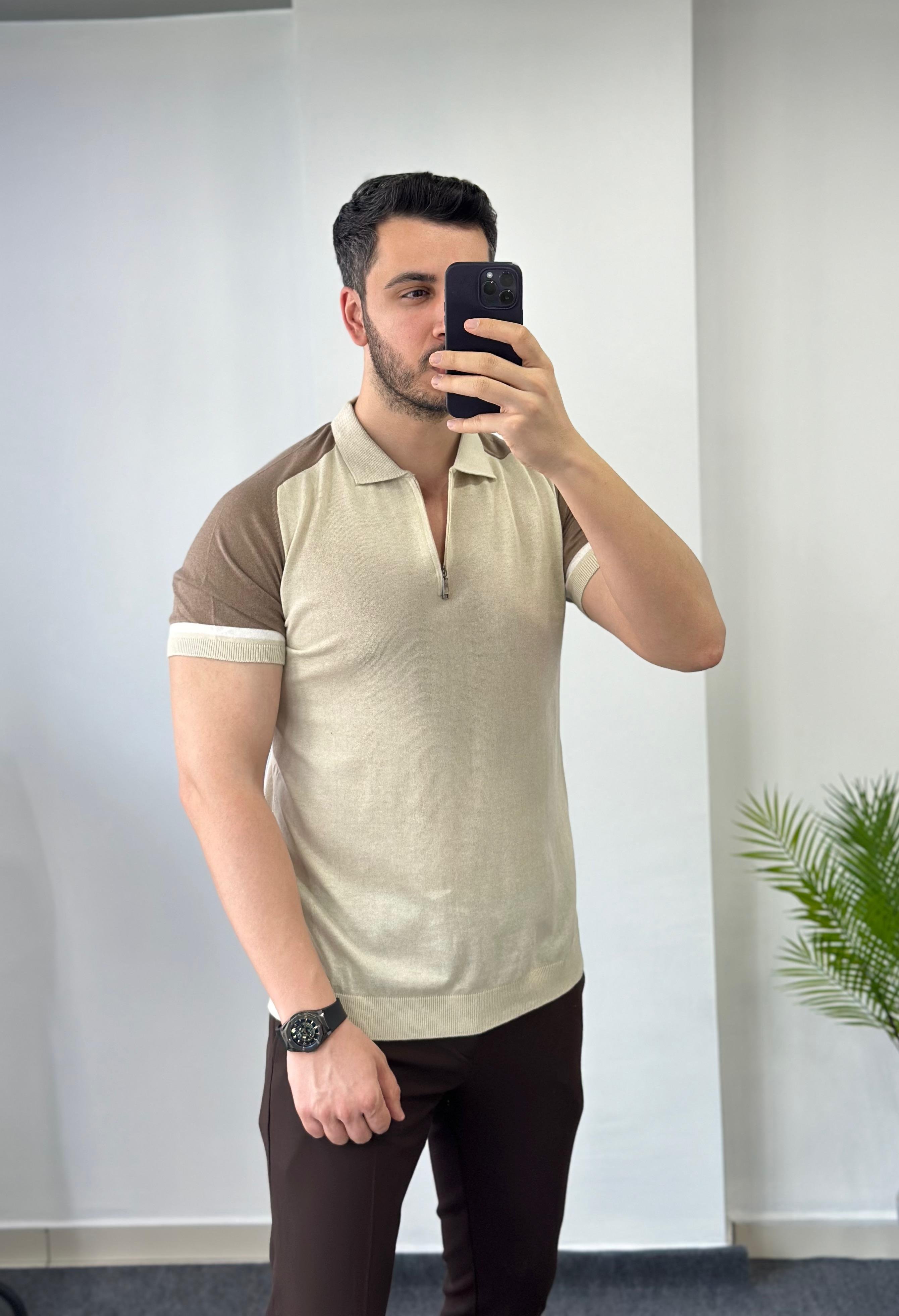 Reglan Kol Krem Fermuarlı Triko Tişört 