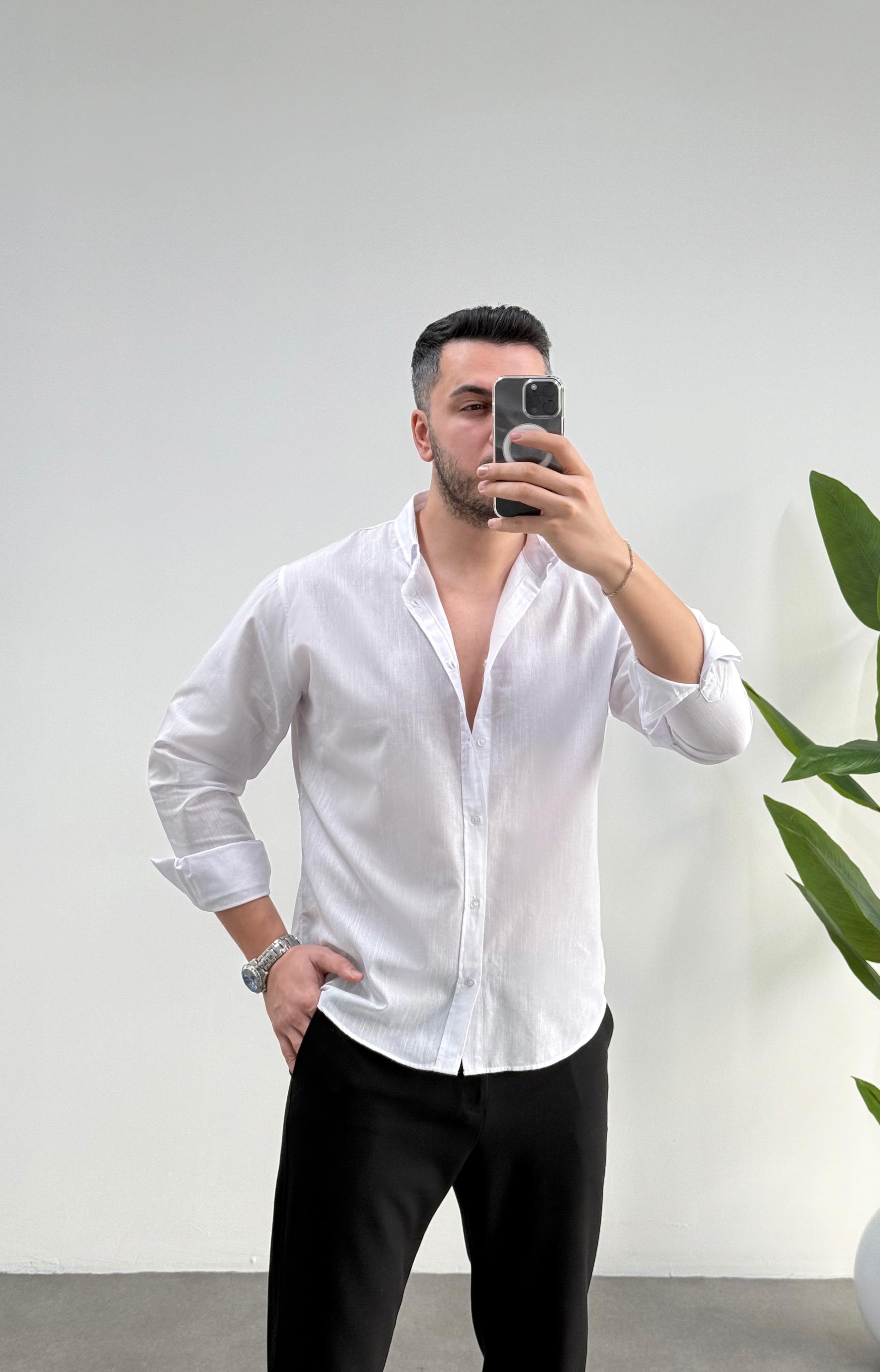 Regular Beyaz Keten Gömlek 