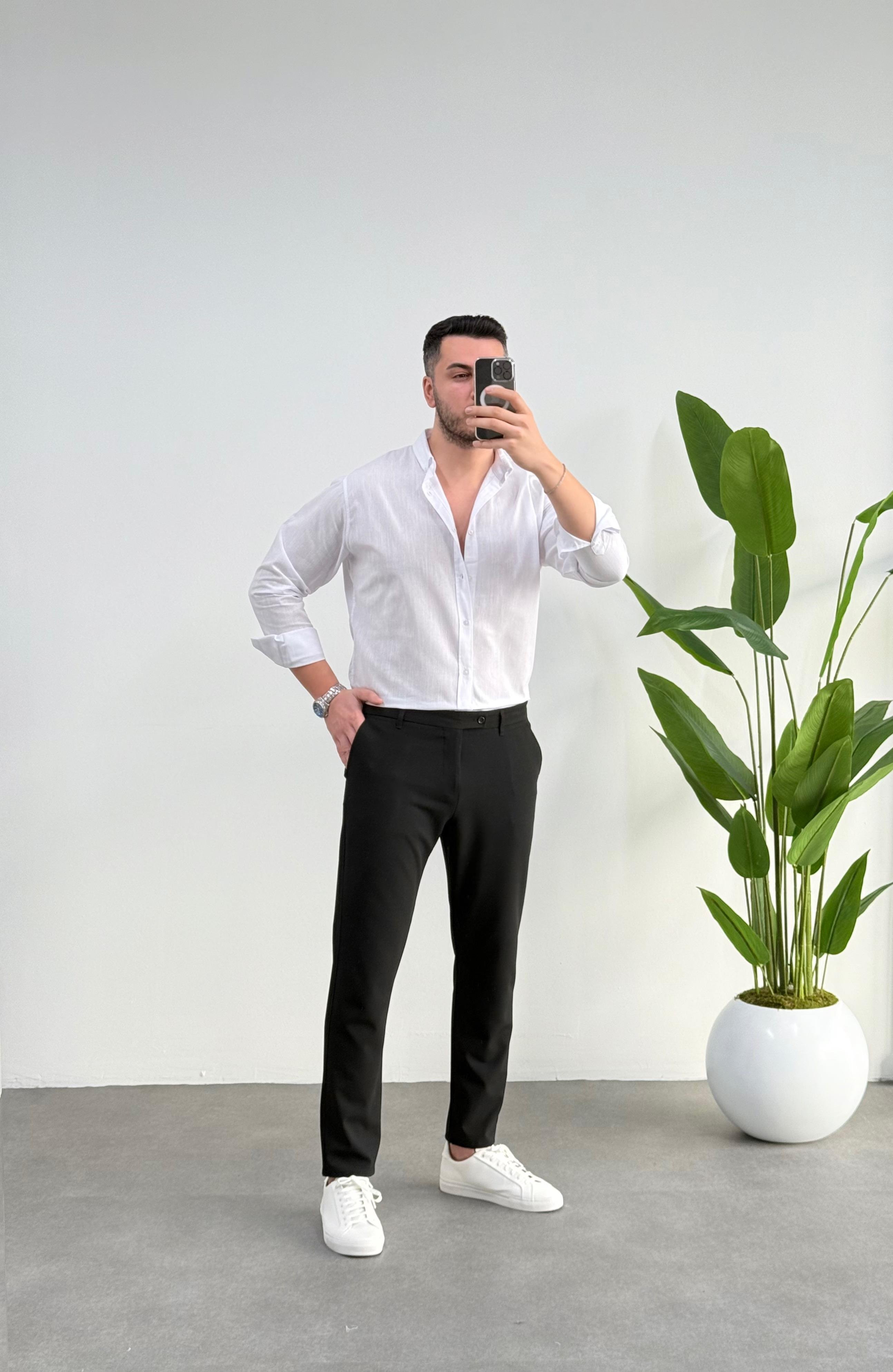 Regular Beyaz Keten Gömlek 