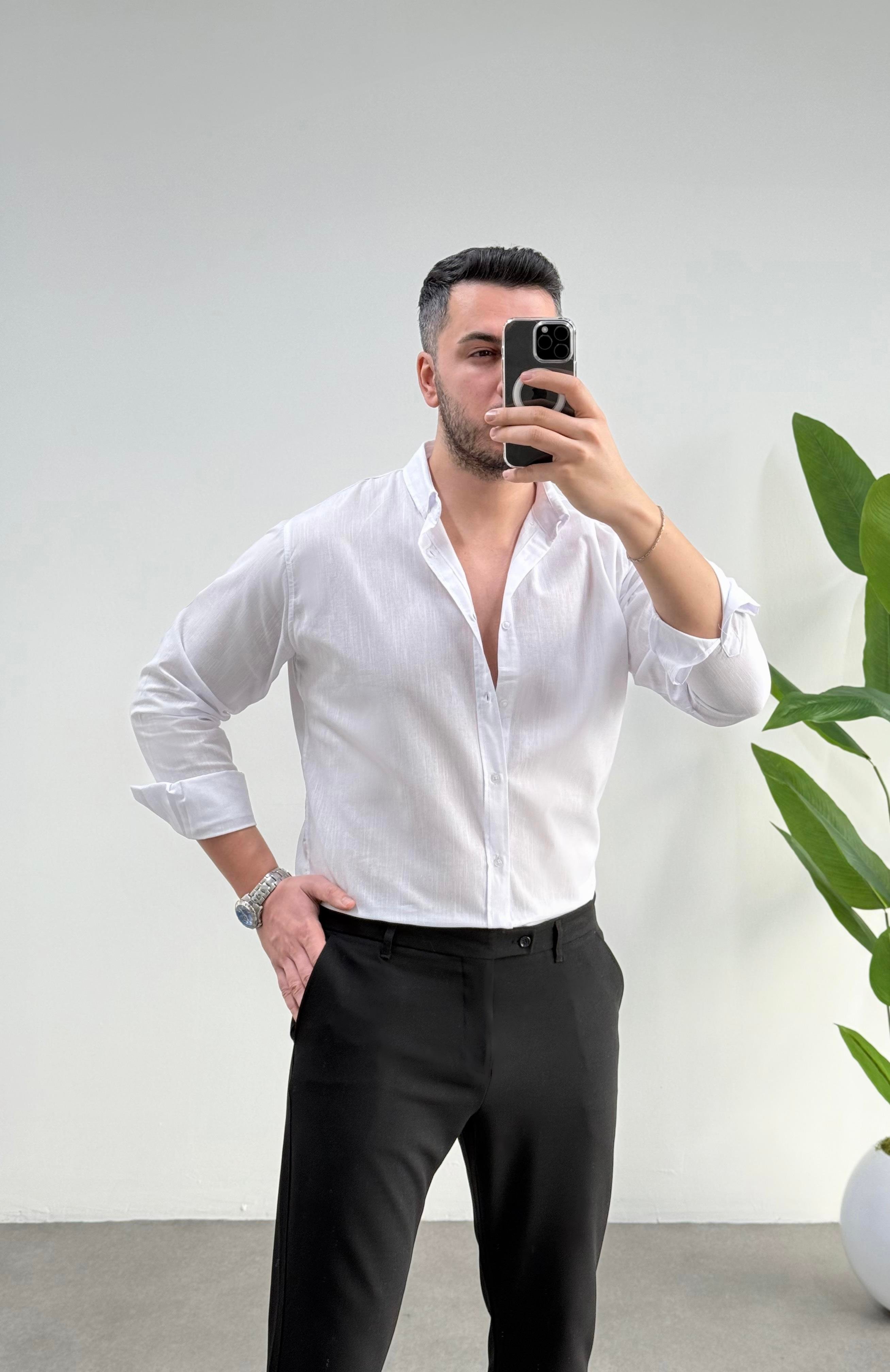 Regular Beyaz Keten Gömlek 