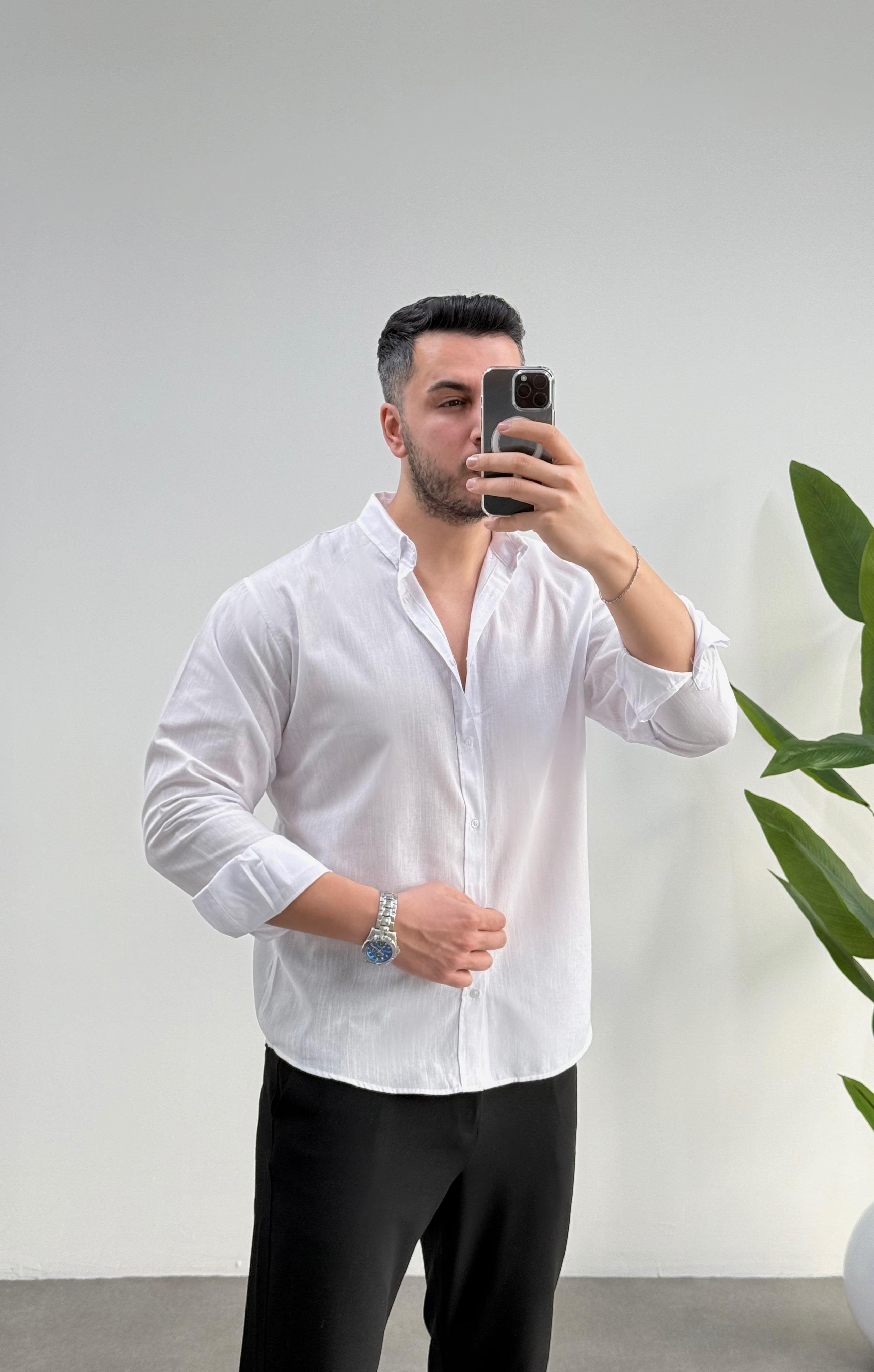 Regular Beyaz Keten Gömlek 