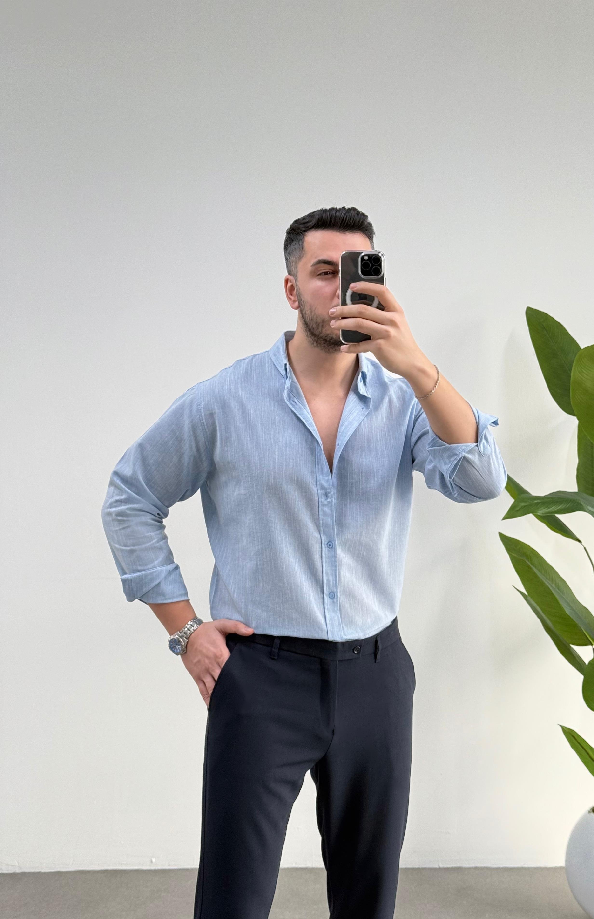 Regular Buz Mavisi Keten Gömlek 