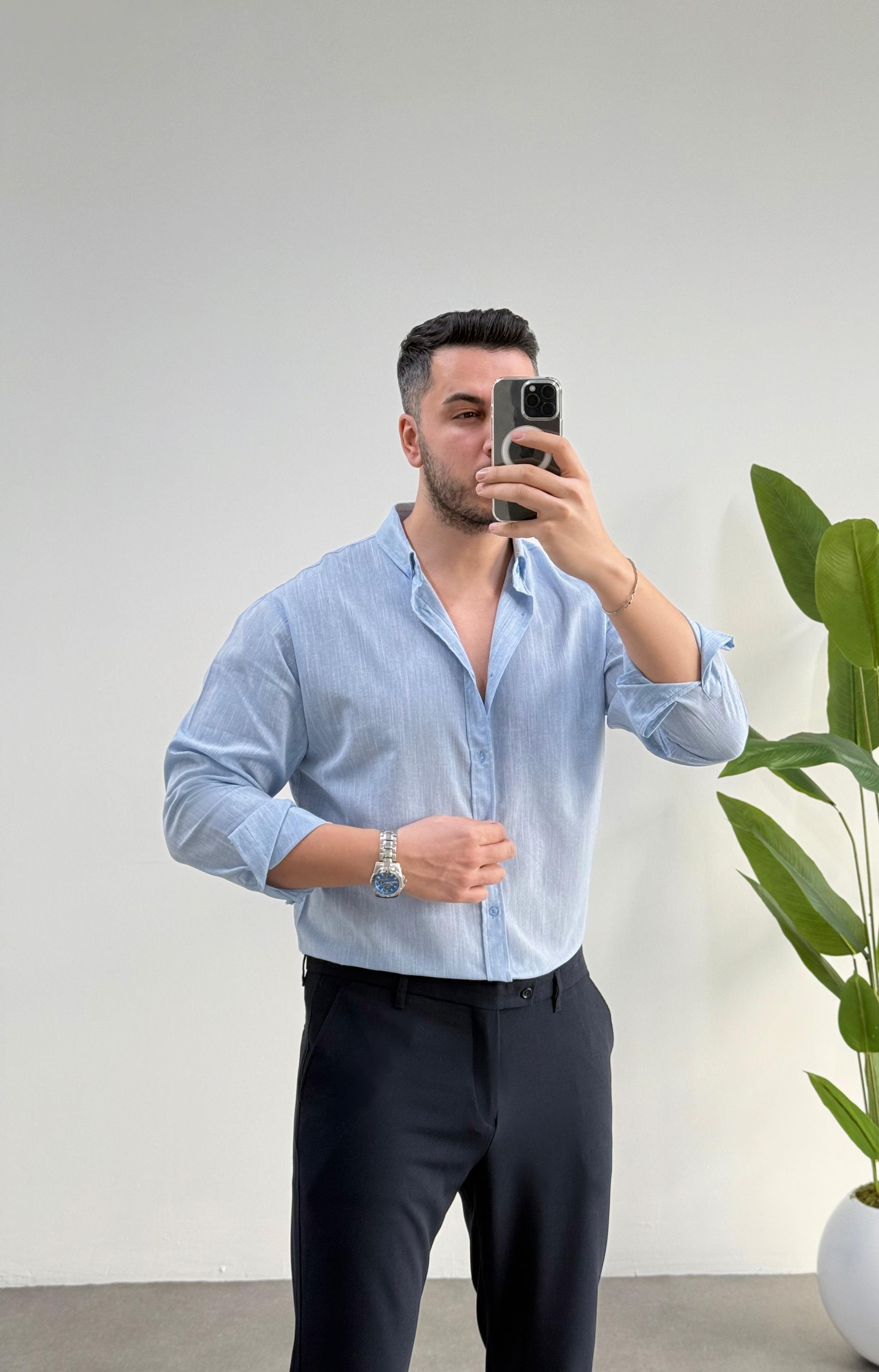 Regular Buz Mavisi Keten Gömlek 