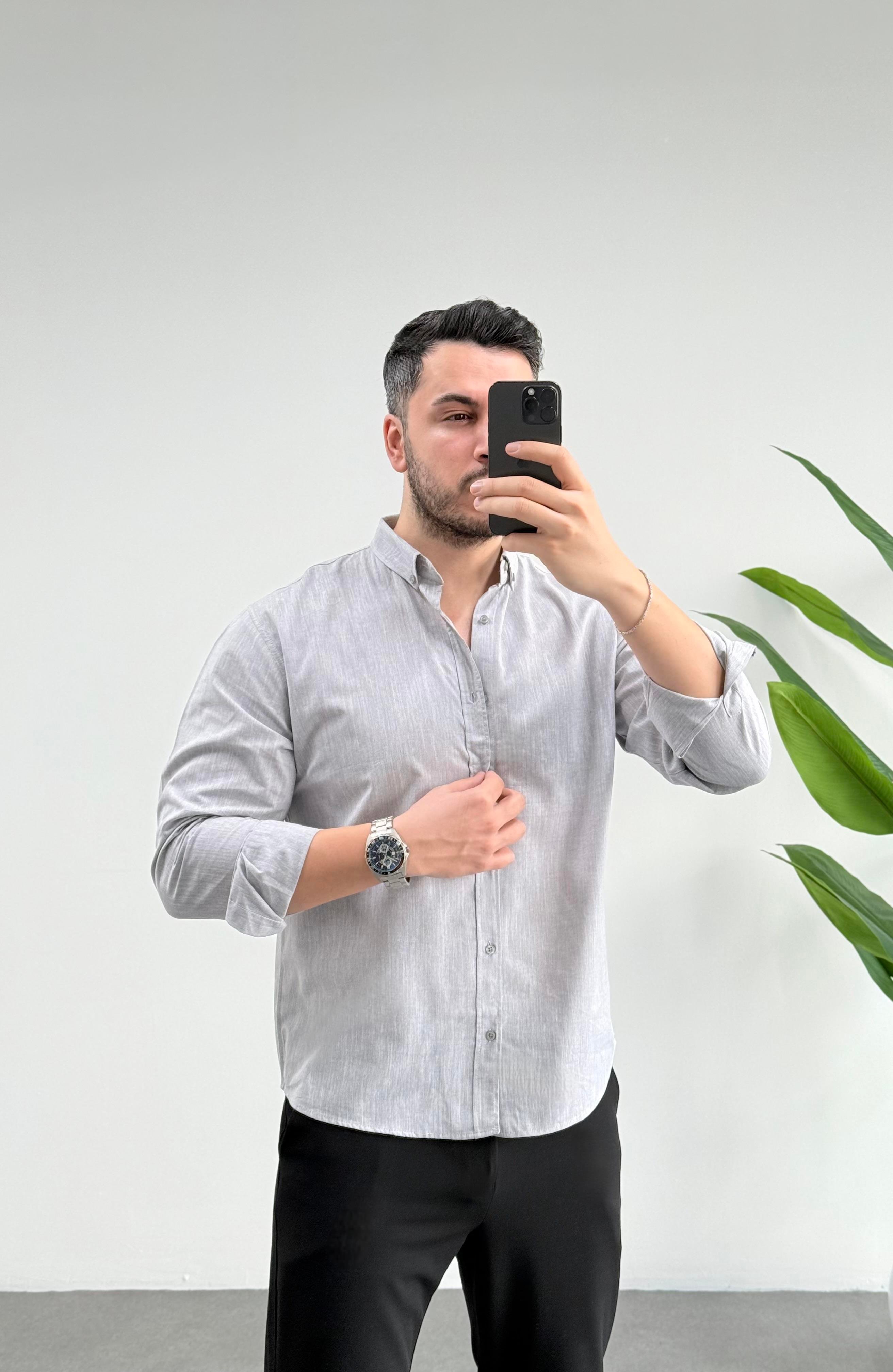 Regular Gri Keten Gömlek 