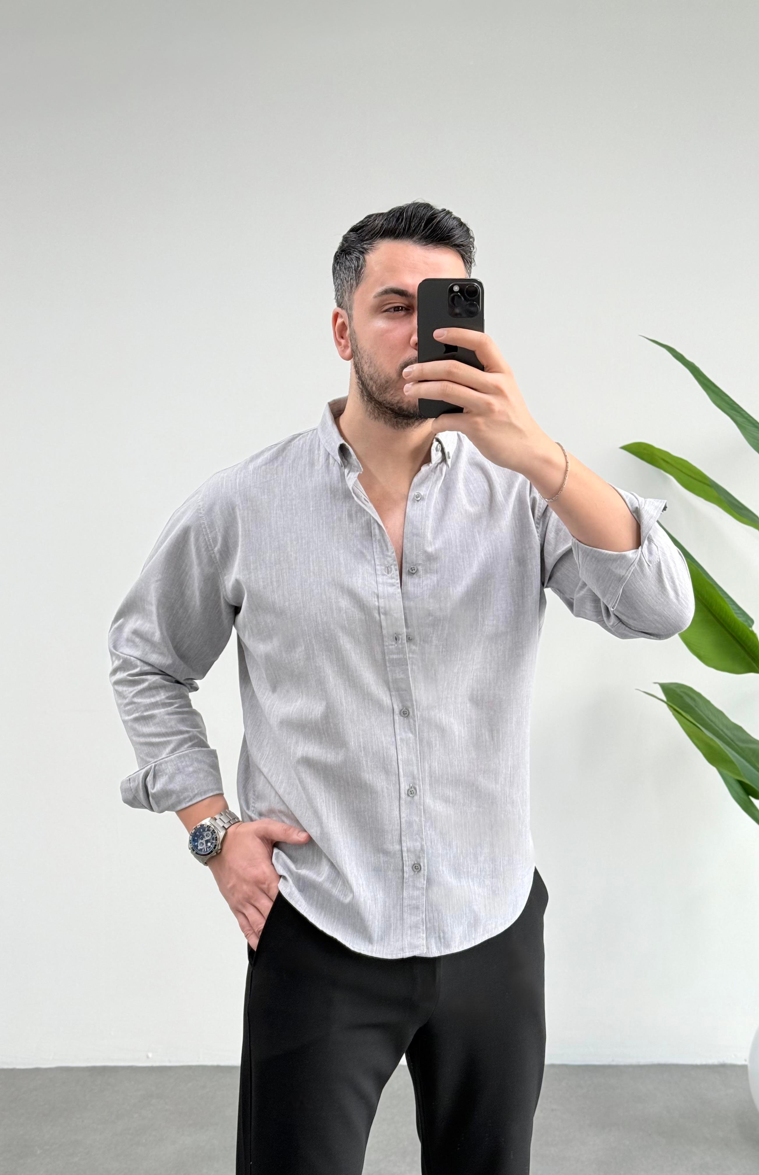 Regular Gri Keten Gömlek 