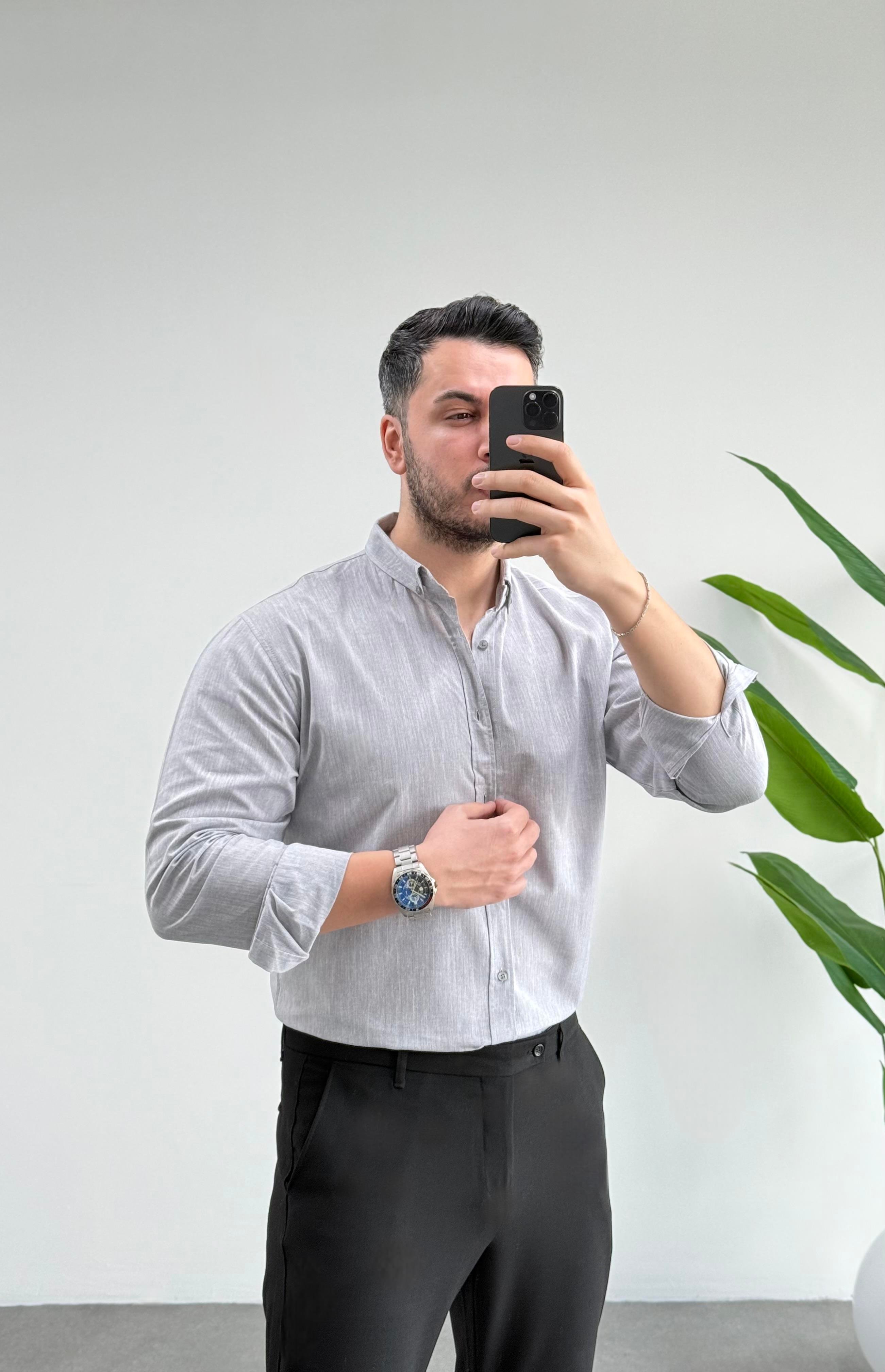 Regular Gri Keten Gömlek 