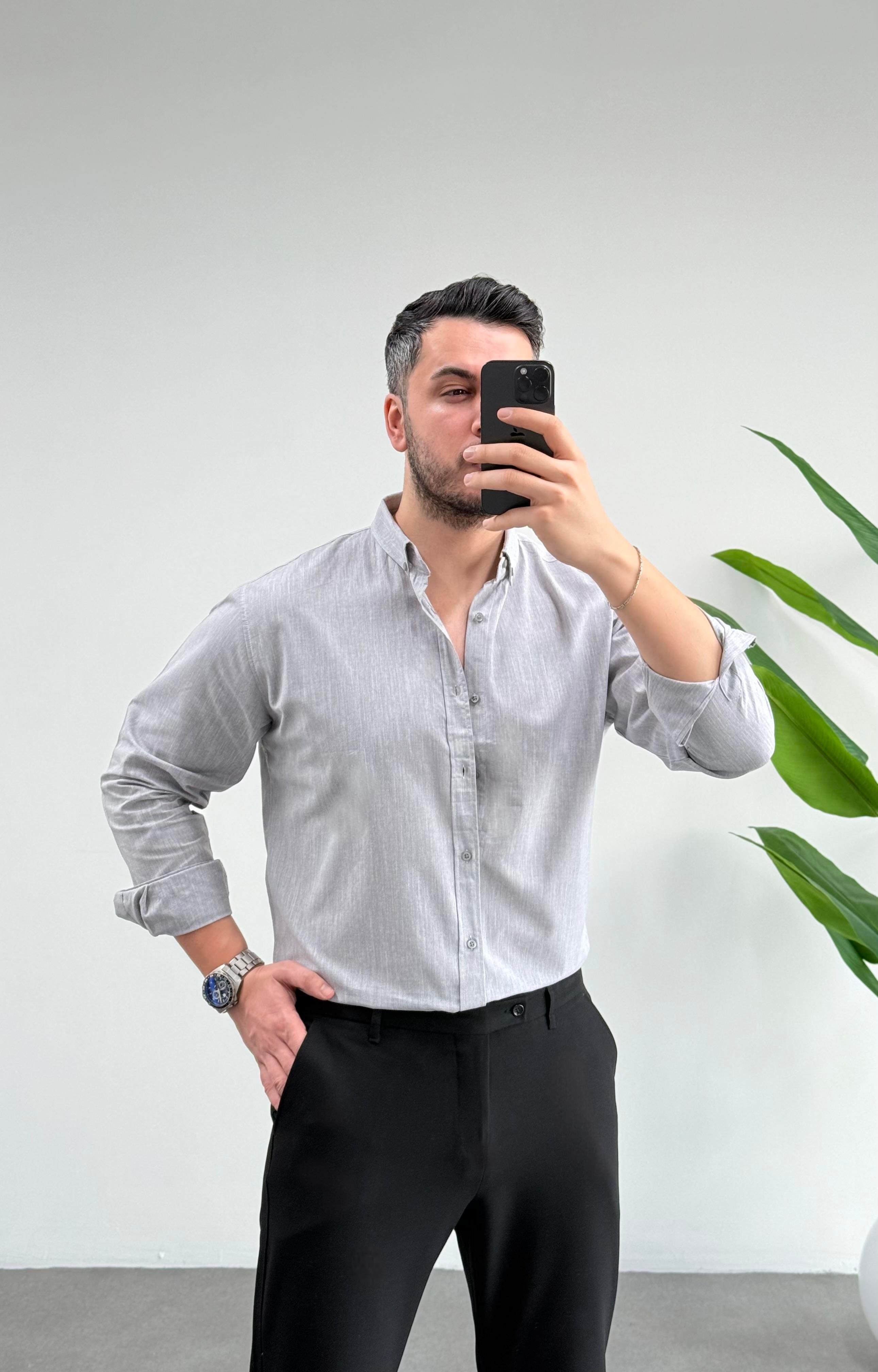 Regular Gri Keten Gömlek 