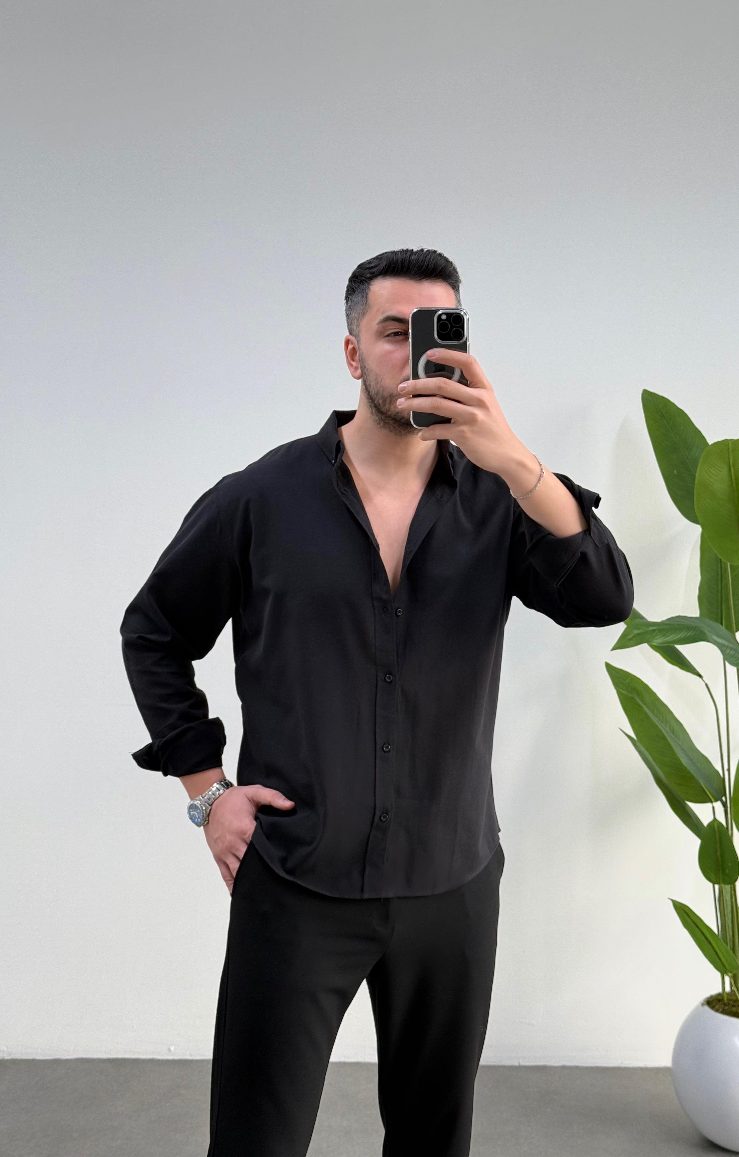 Regular Siyah Keten Gömlek