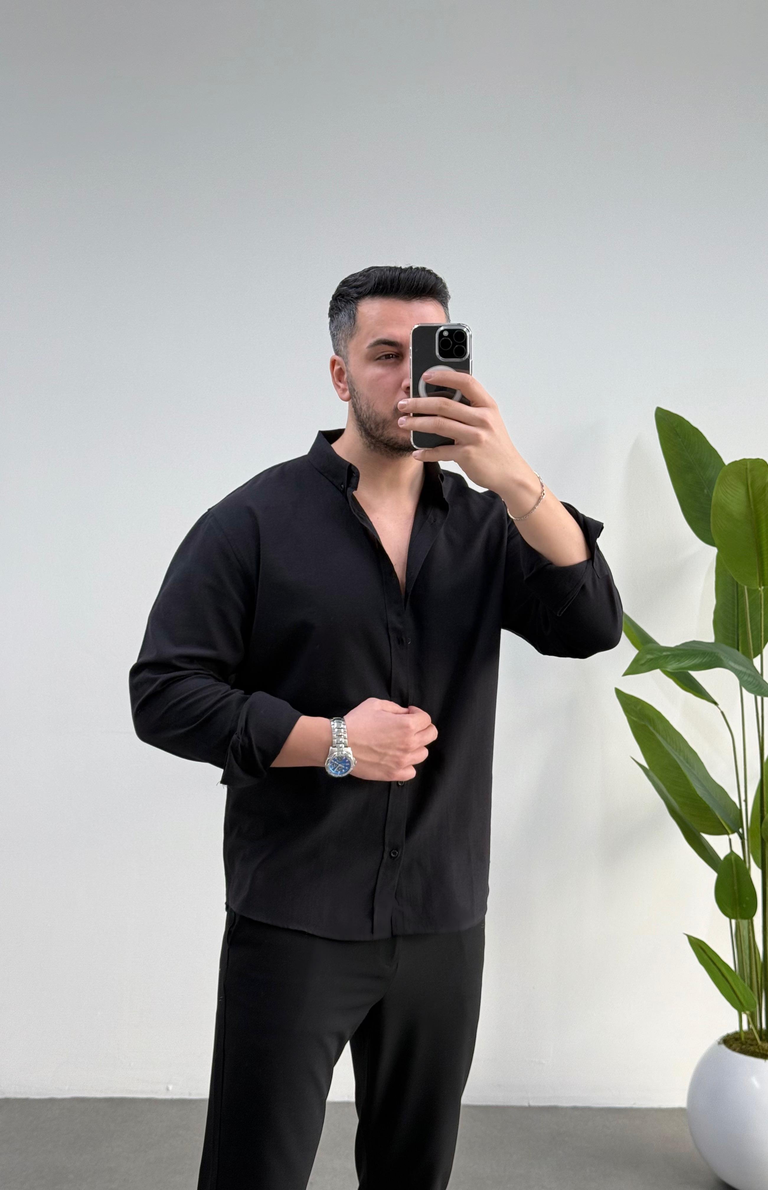 Regular Siyah Keten Gömlek