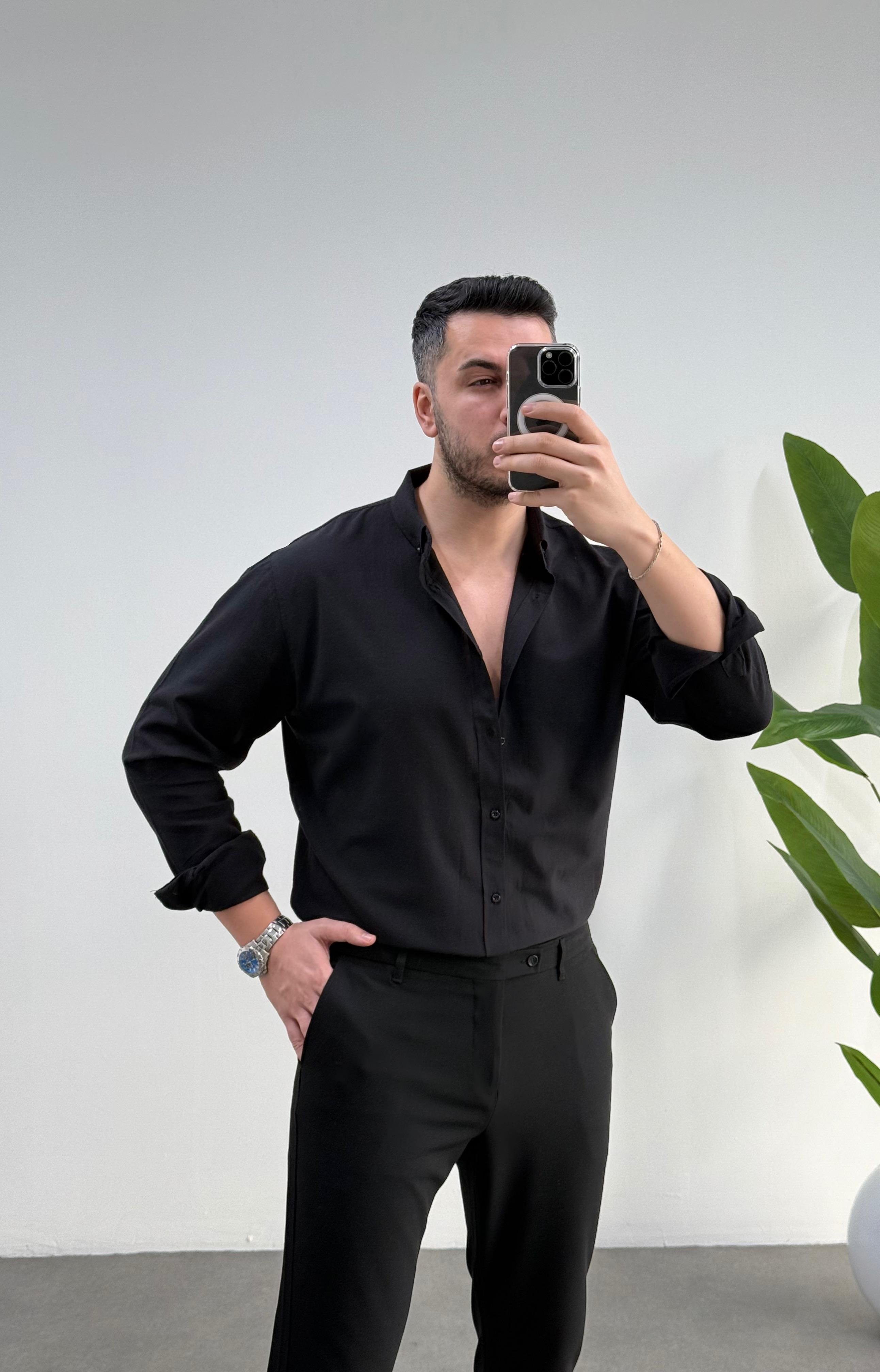 Regular Siyah Keten Gömlek