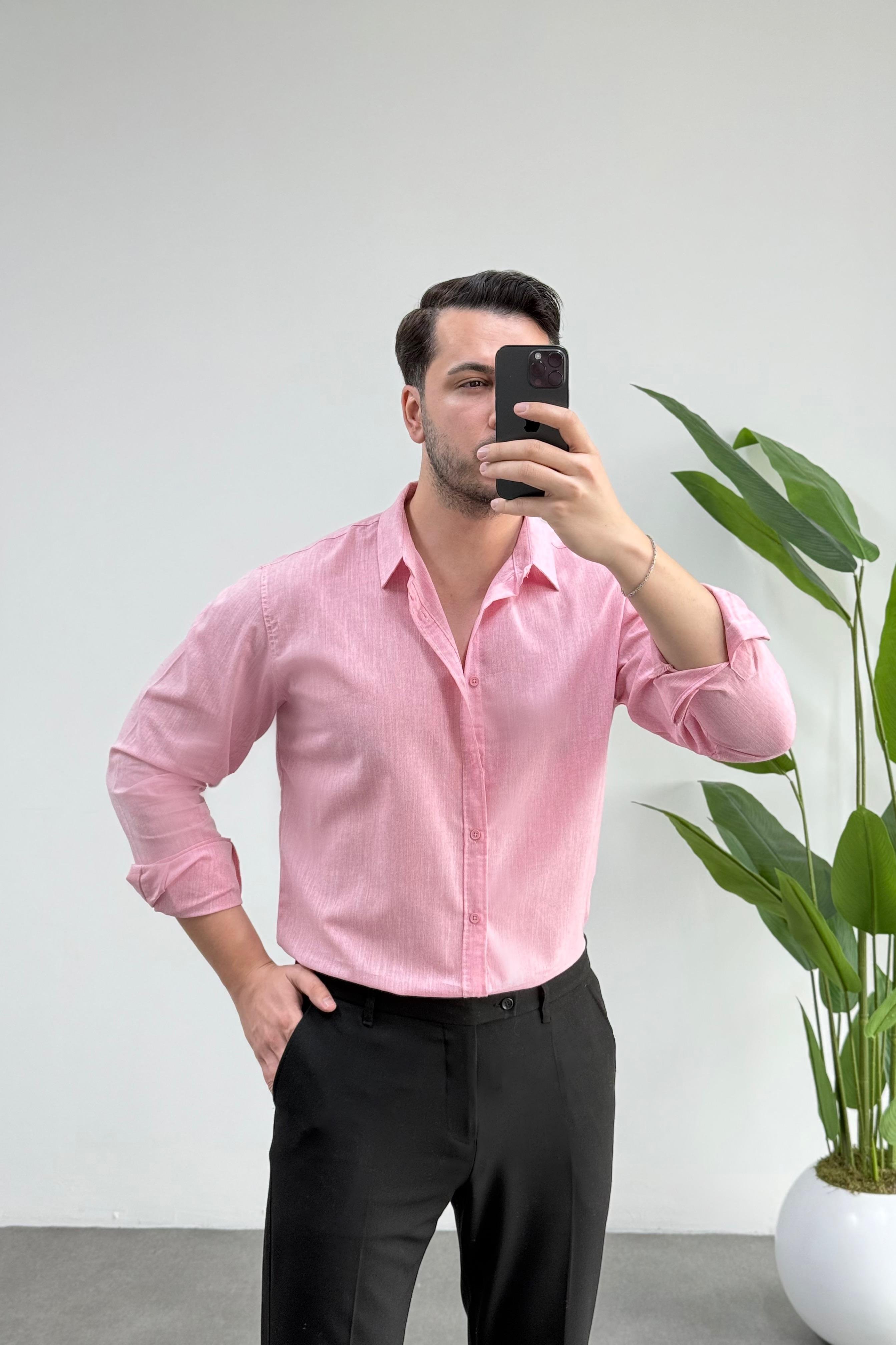 Regular Toz Pembe Keten Gömlek 