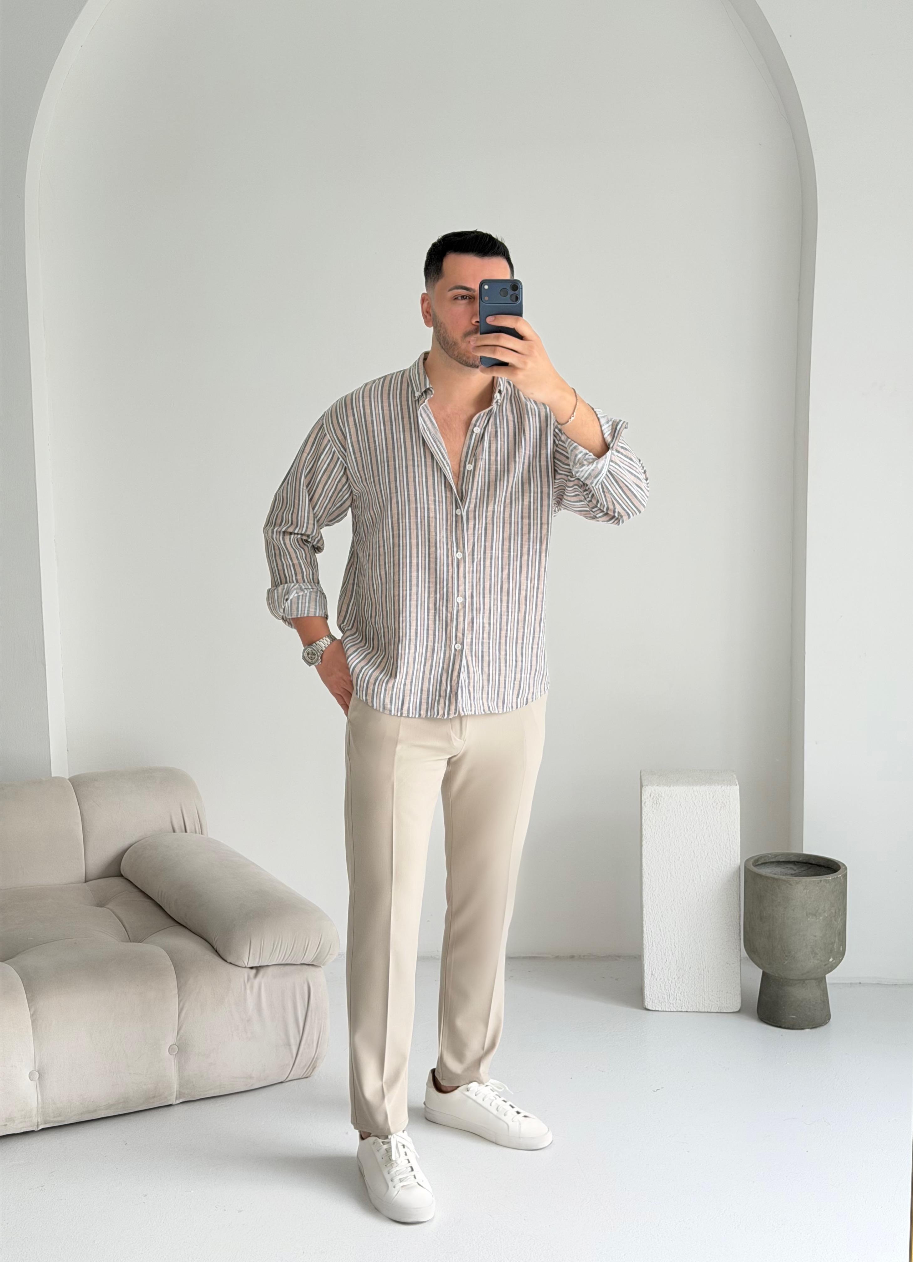 Roys Bej Çizgili Oversize Gömlek 