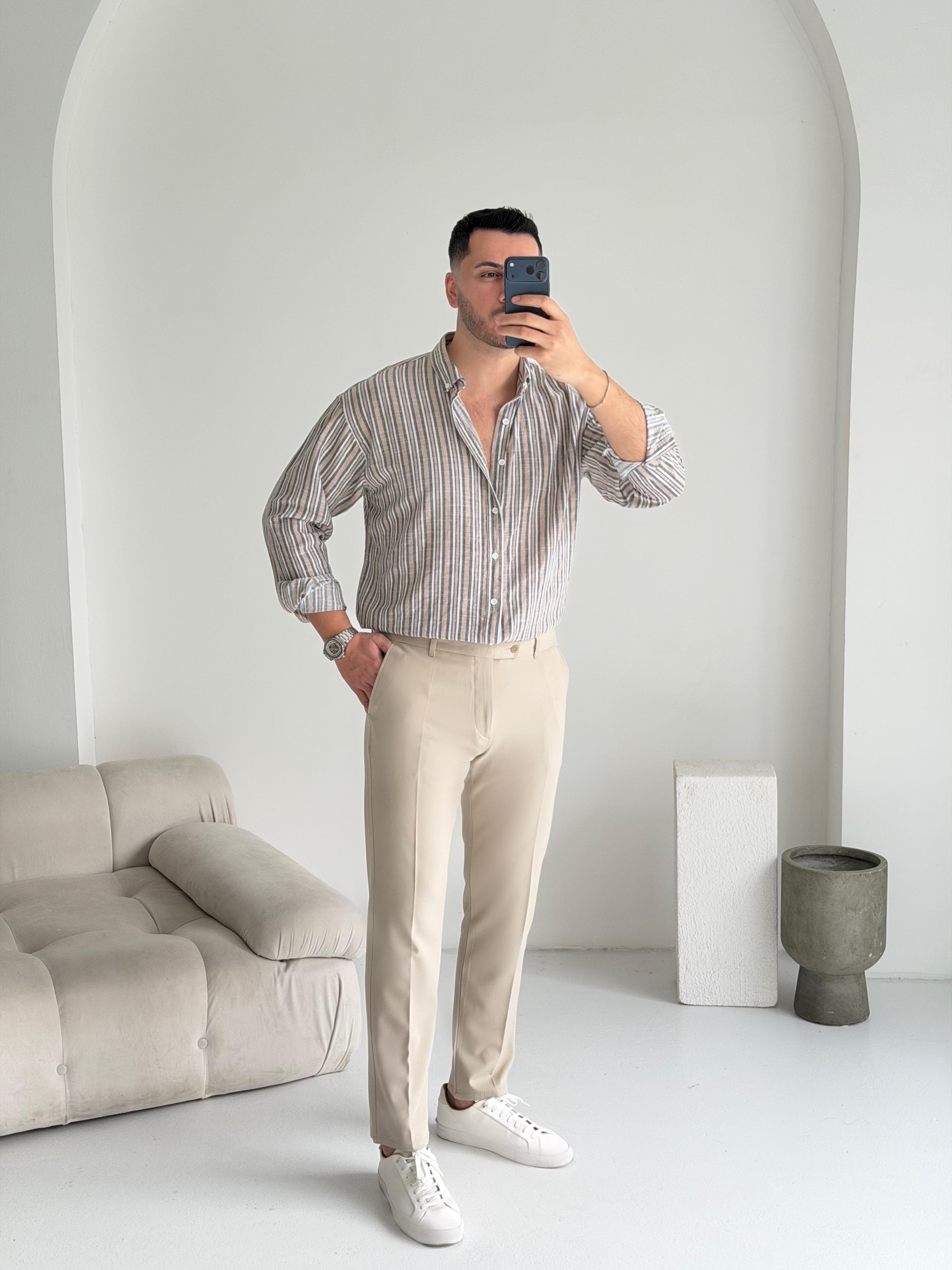 Roys Bej Çizgili Oversize Gömlek 