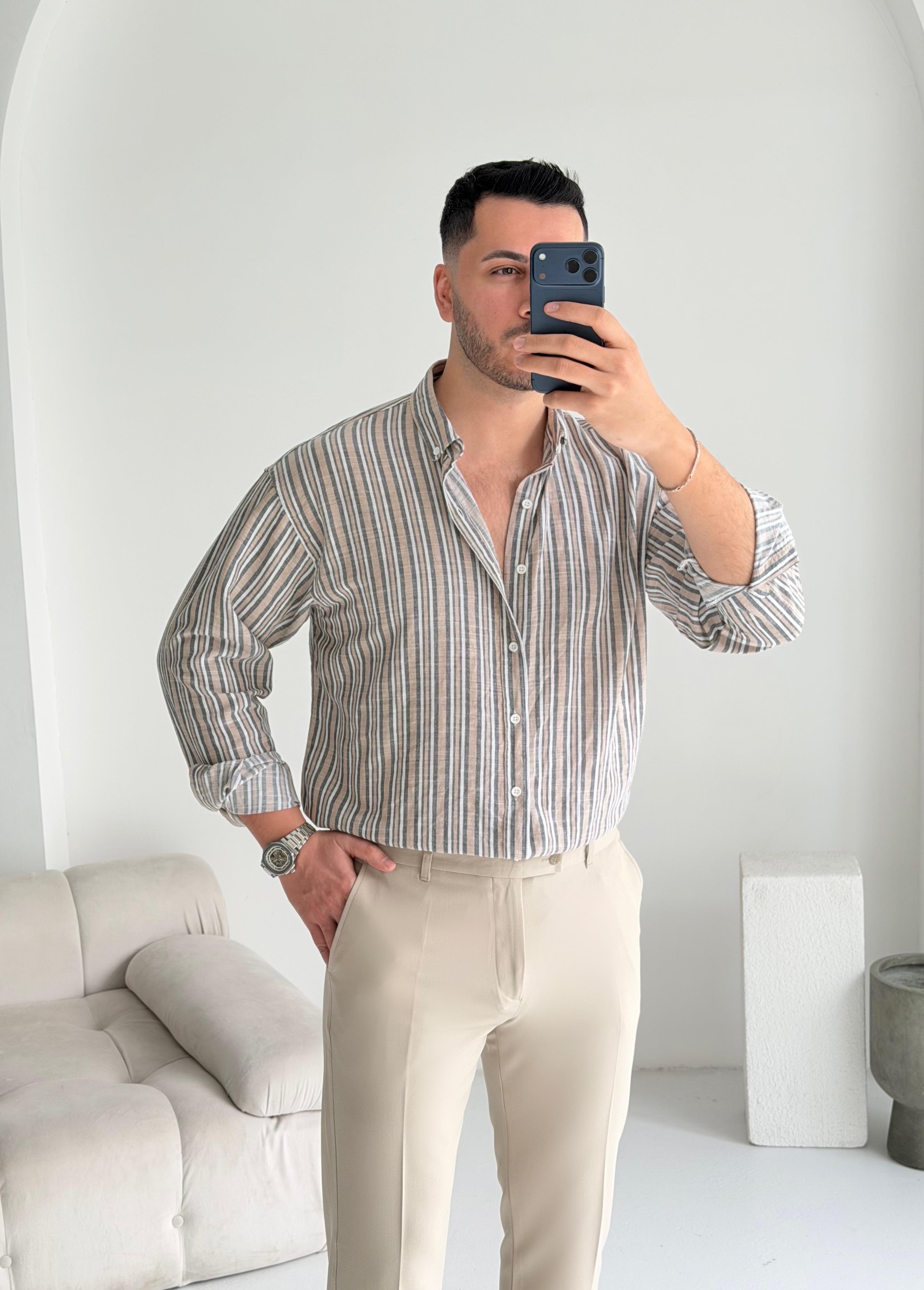 Roys Bej Çizgili Oversize Gömlek 
