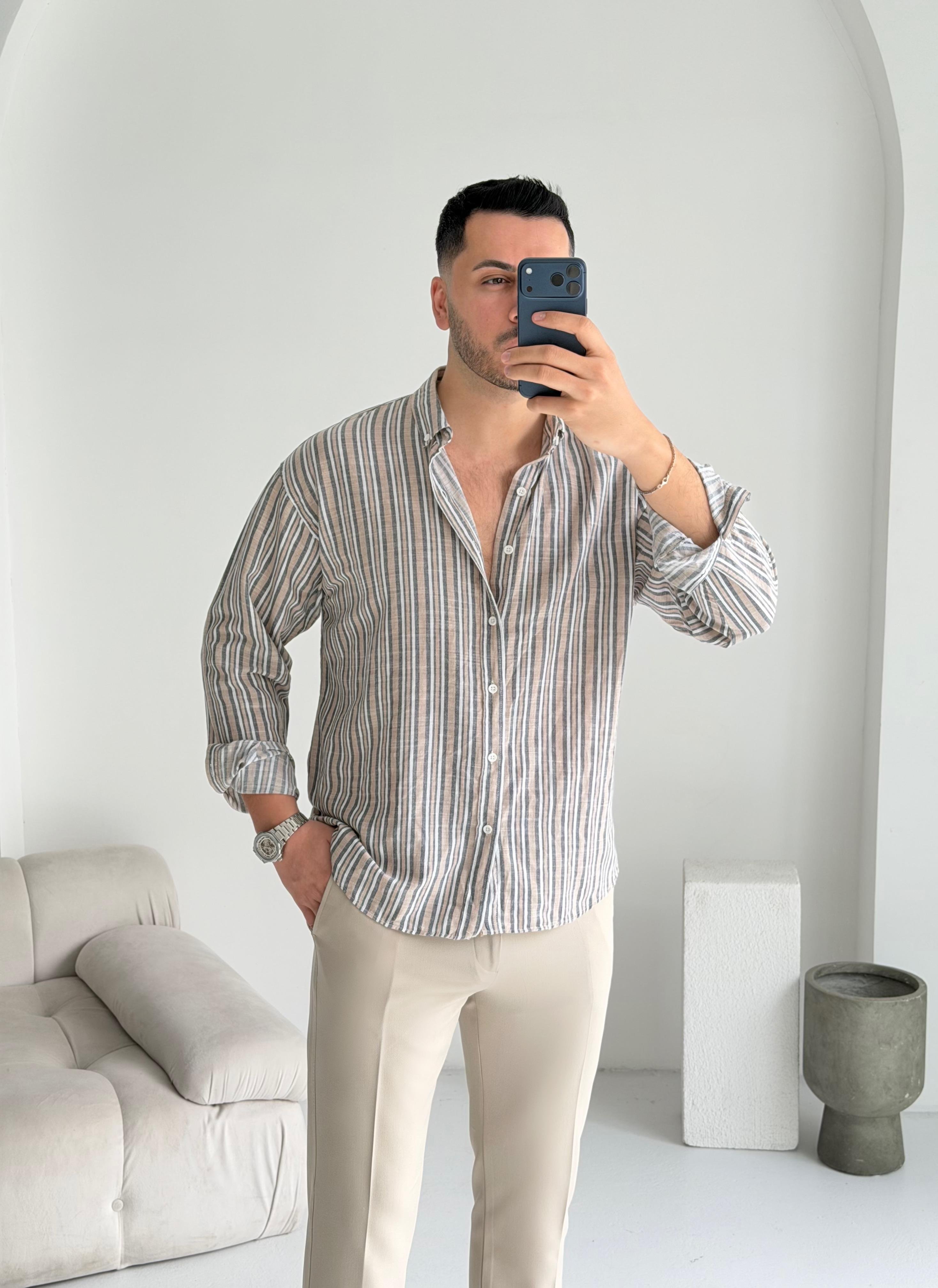 Roys Bej Çizgili Oversize Gömlek 